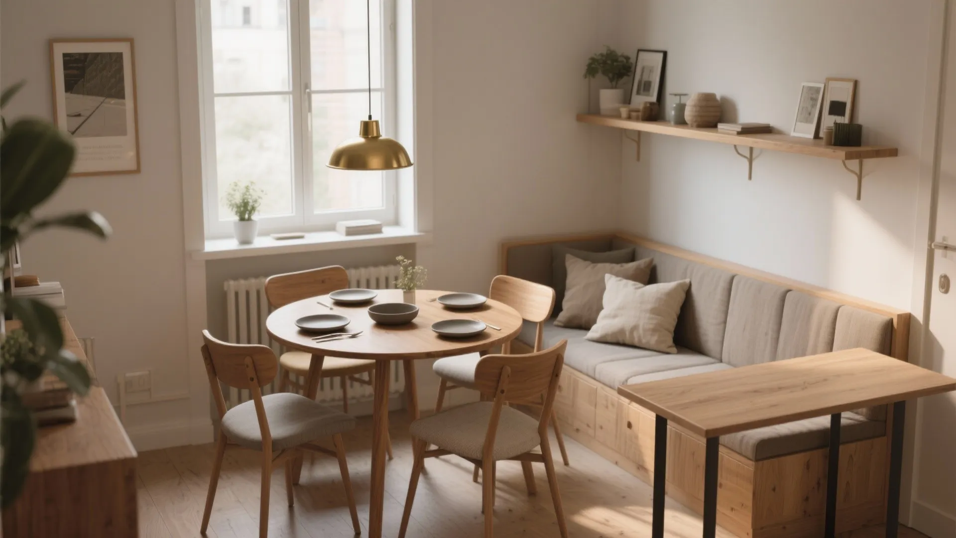 Cozy small dining area with round wooden table four chairs and comfortable grey bench seating
