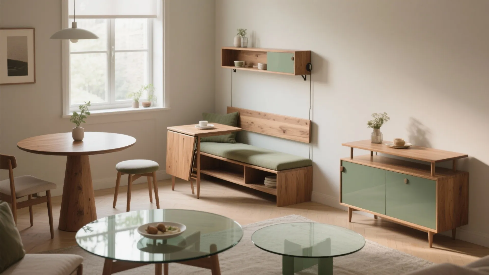 Modern living area with wooden furniture green cushions glass coffee tables and a small cabinet