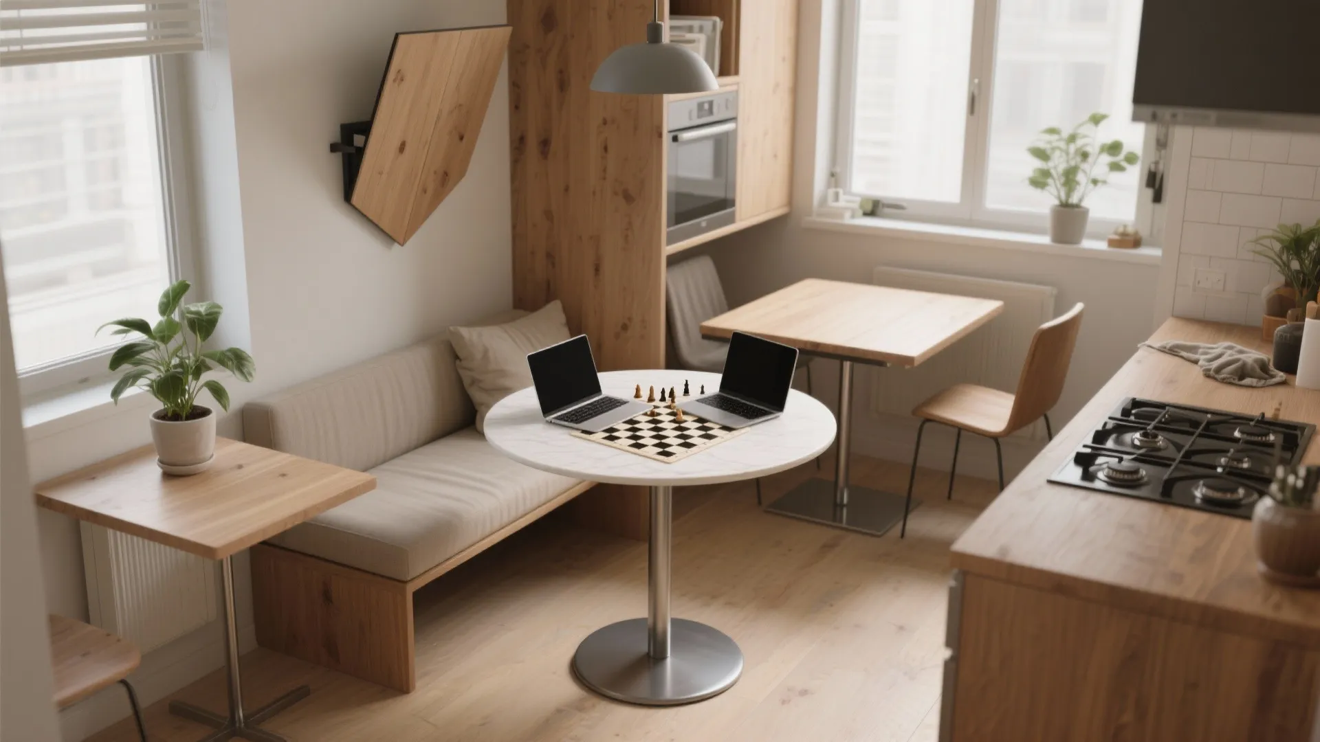 Small modern kitchen area with white round table two laptops built in bench and cabinets
