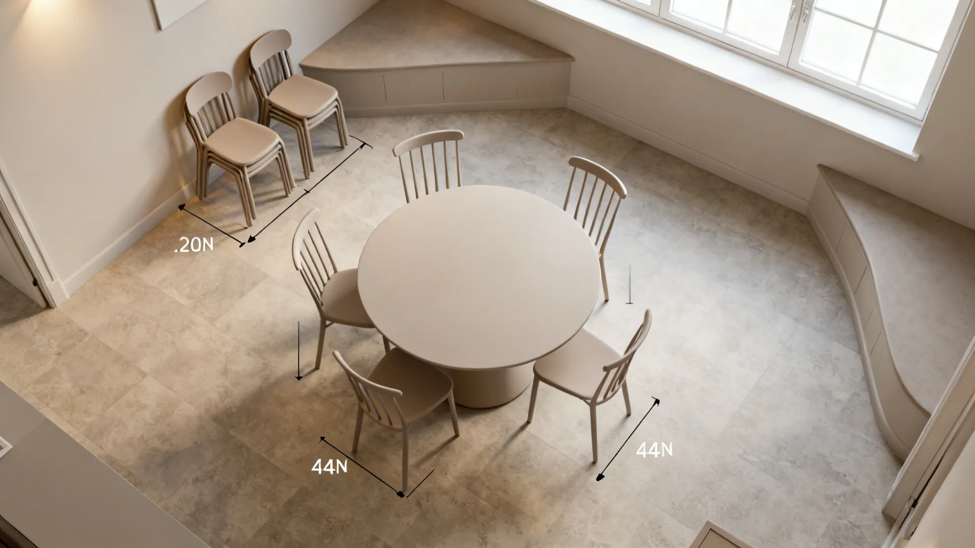 Top-down view of a small dining room with a round table, six slim chairs, and clear circulation.