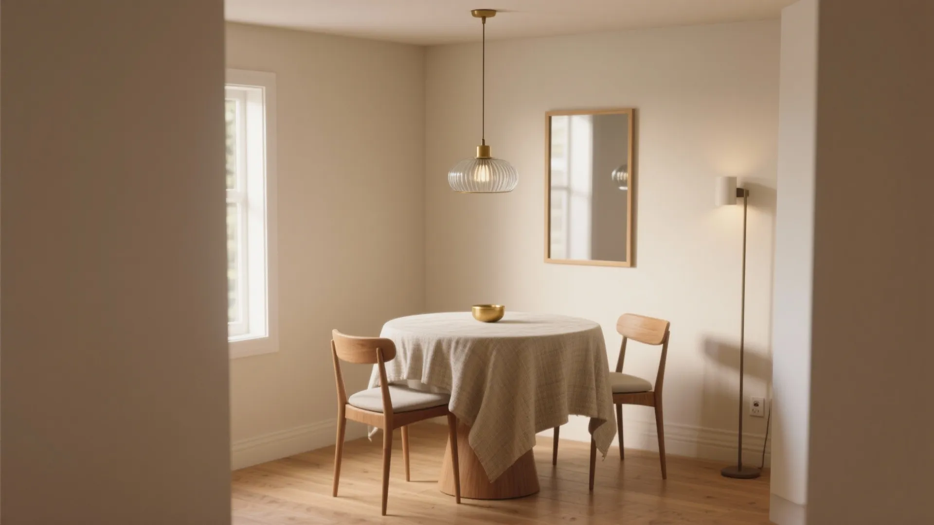 Round dining table with linen cloth chairs glass ceiling light and one slim floor lamp