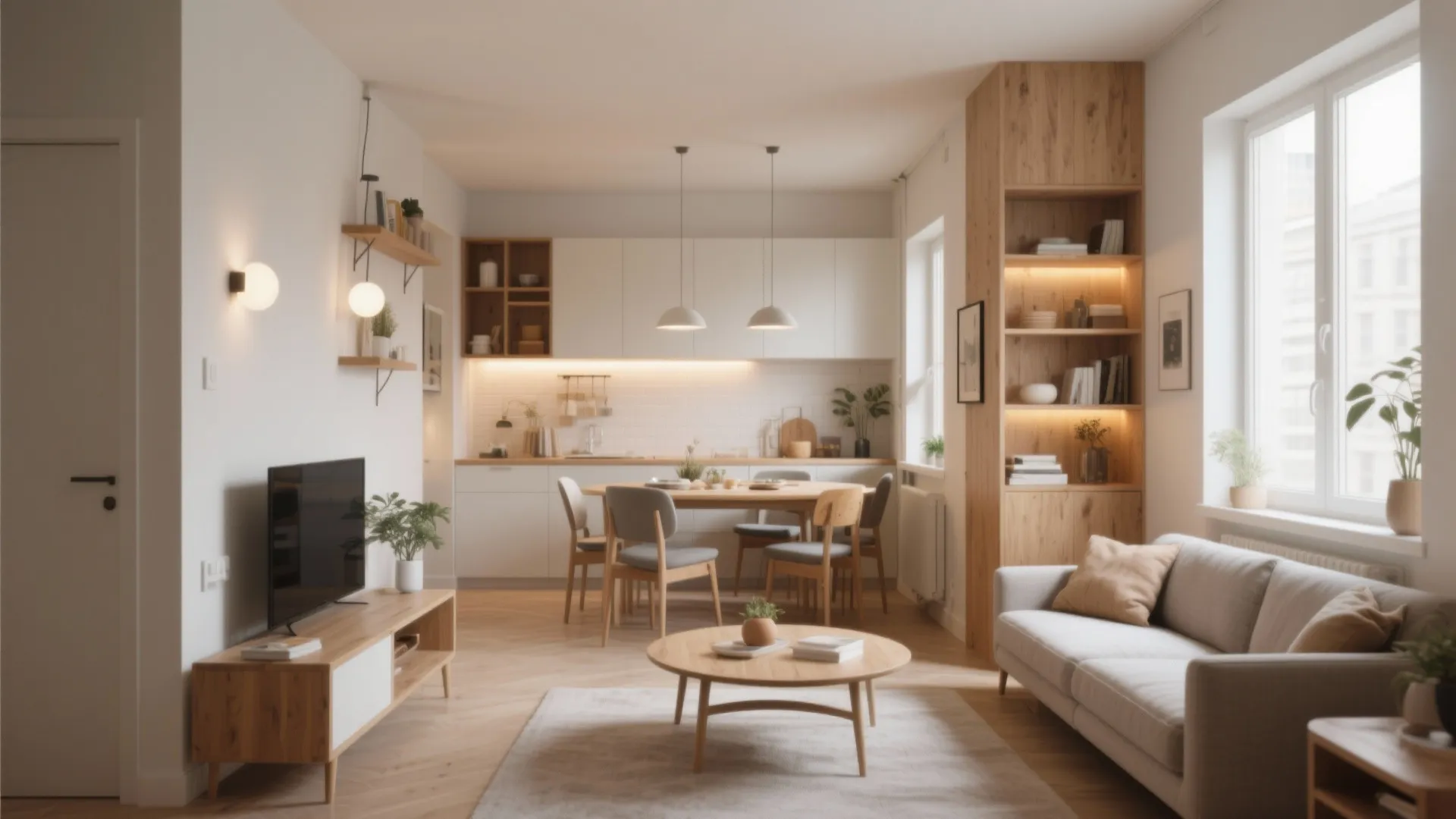Modern open plan living room with grey sofa wooden coffee table and white kitchen cabinets