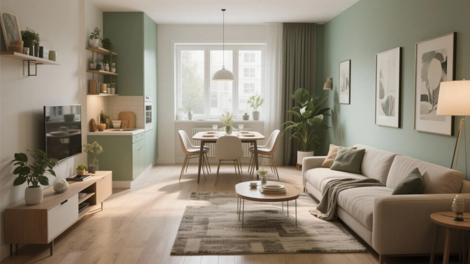 Small apartment interior design with green walls white sofa wooden floor and dining table set