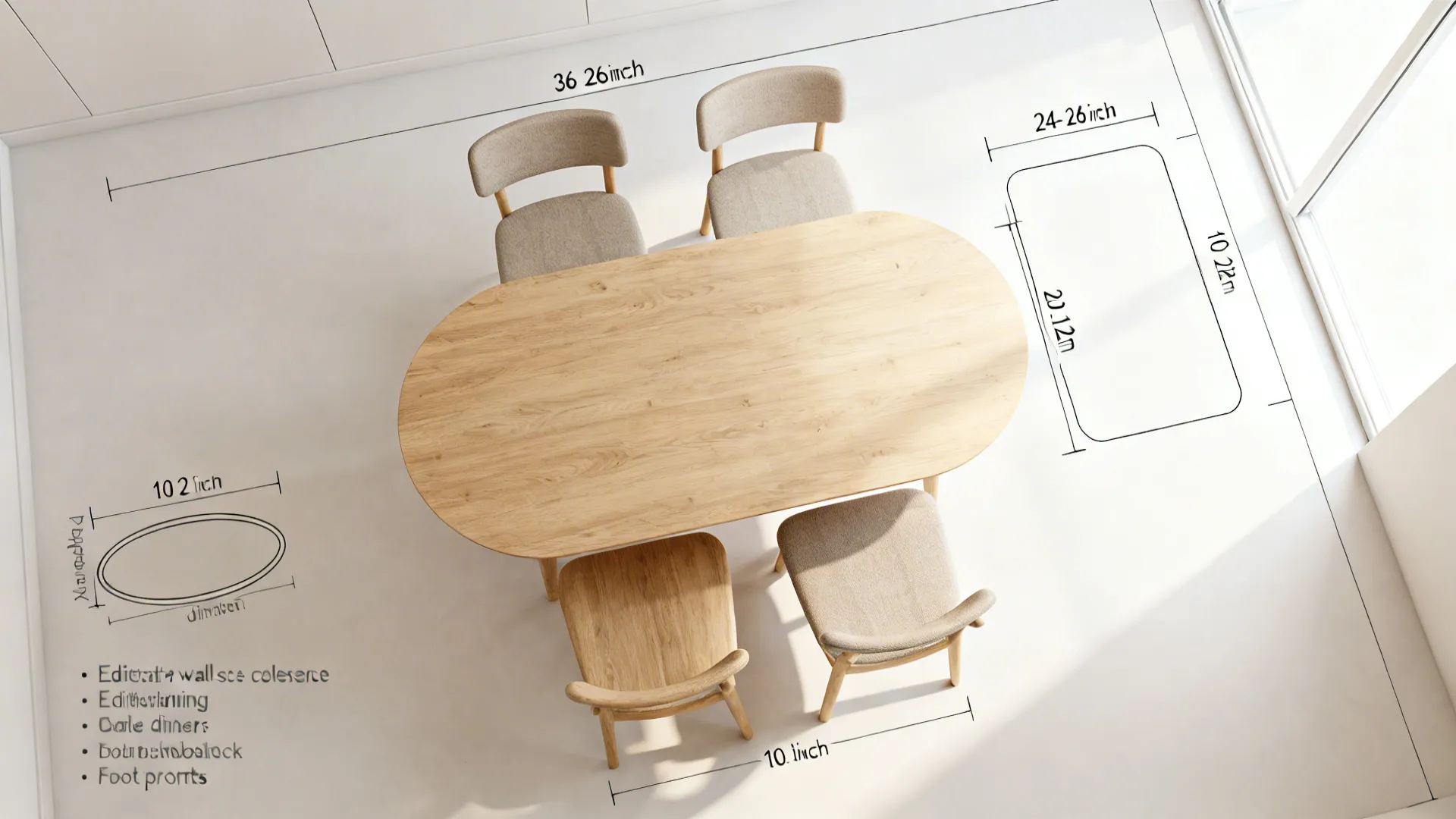 Top-down layout showing dining clearances, chair spacing, and push-back arcs for small spaces.