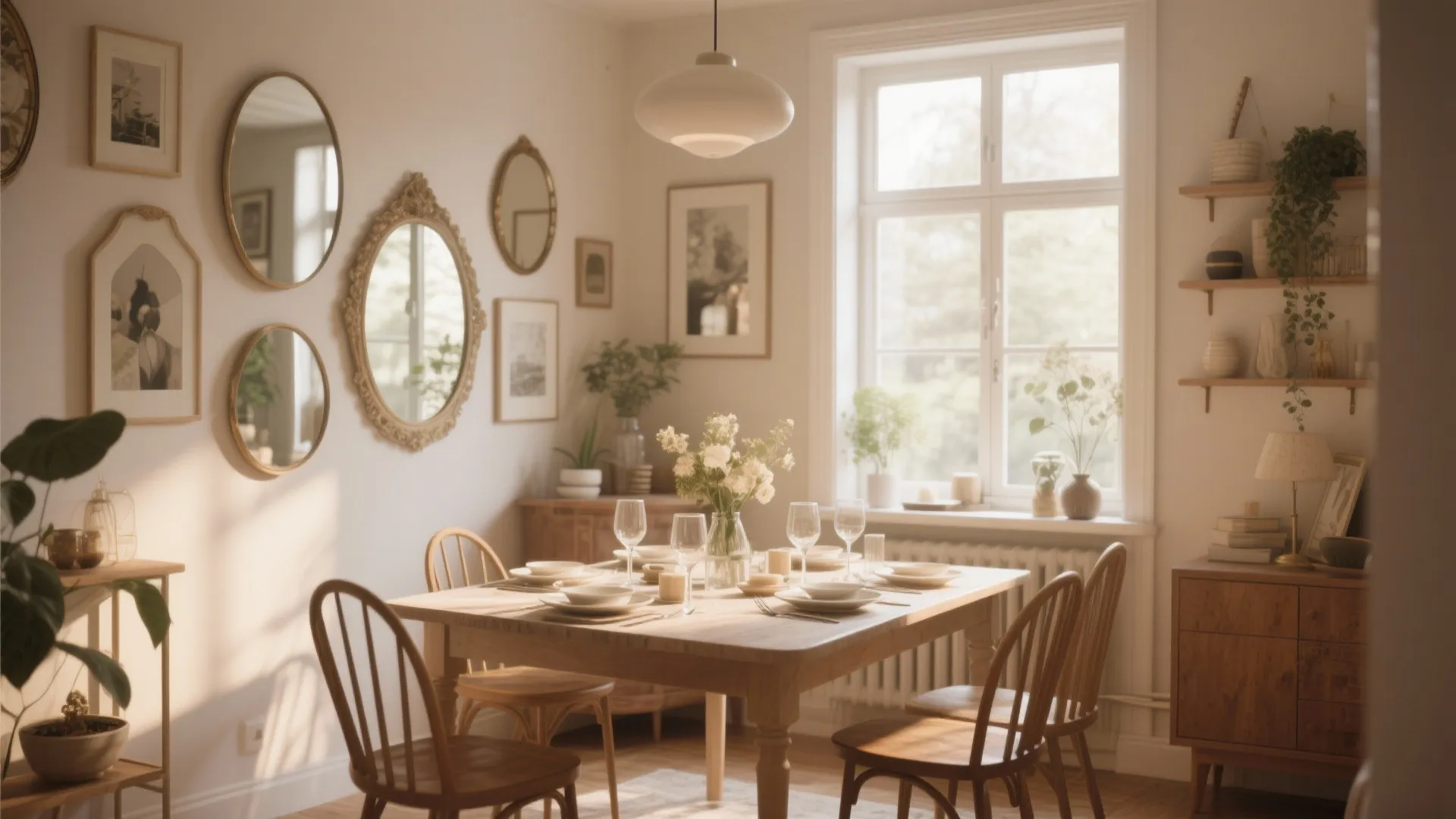 Cozy dining area with wooden table chairs and several round wall mirrors of various sizes displayed