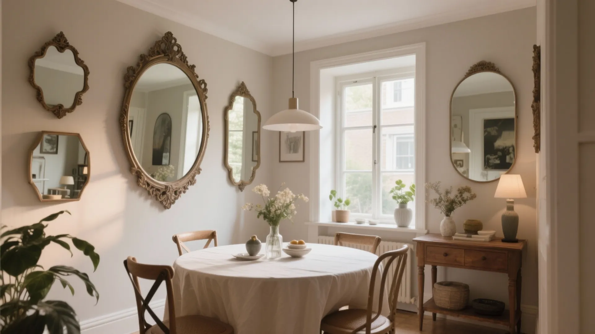 Bright dining room with round table, wooden chairs, white walls, and several decorative wall mirrors