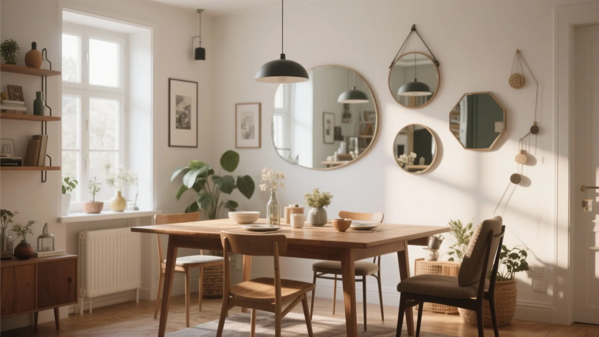 Dining room with wooden table and chairs plus several round and hexagonal mirrors on white wall