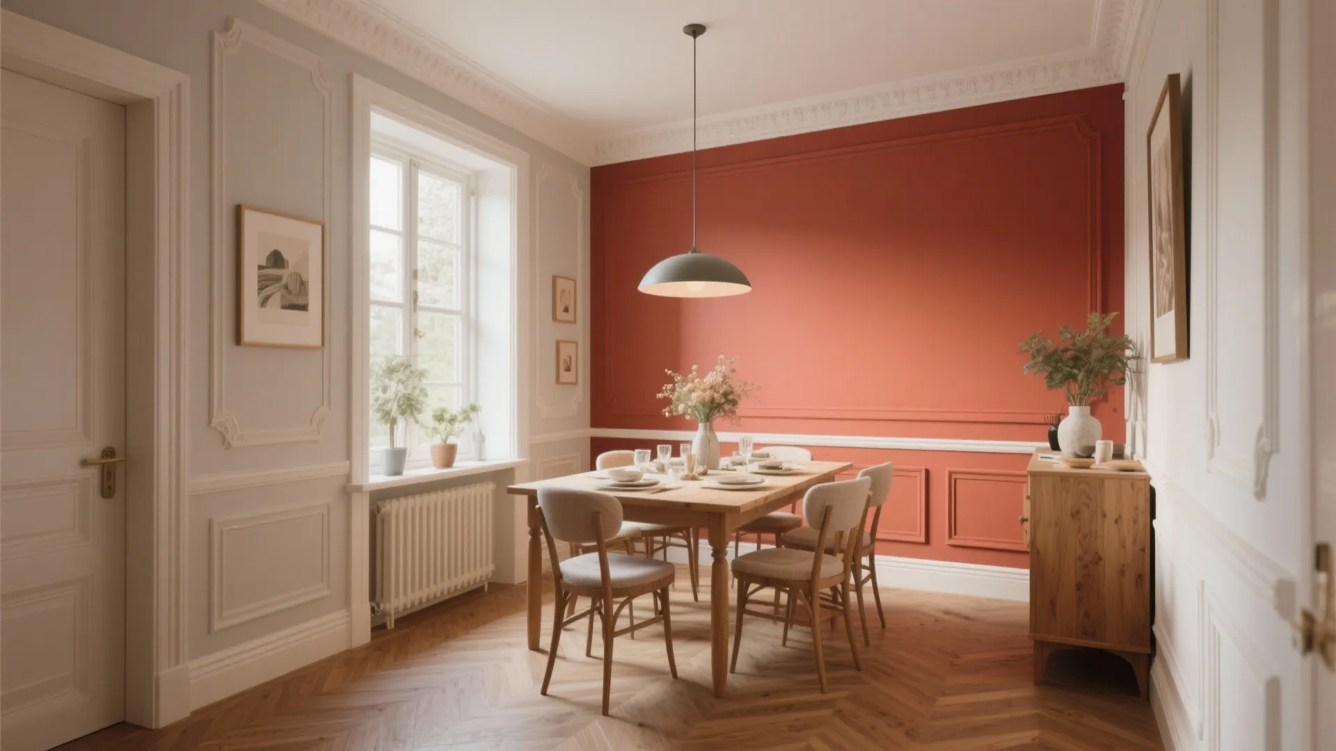 Modern dining room with orange wall panel wooden table ceiling light and wood floor design