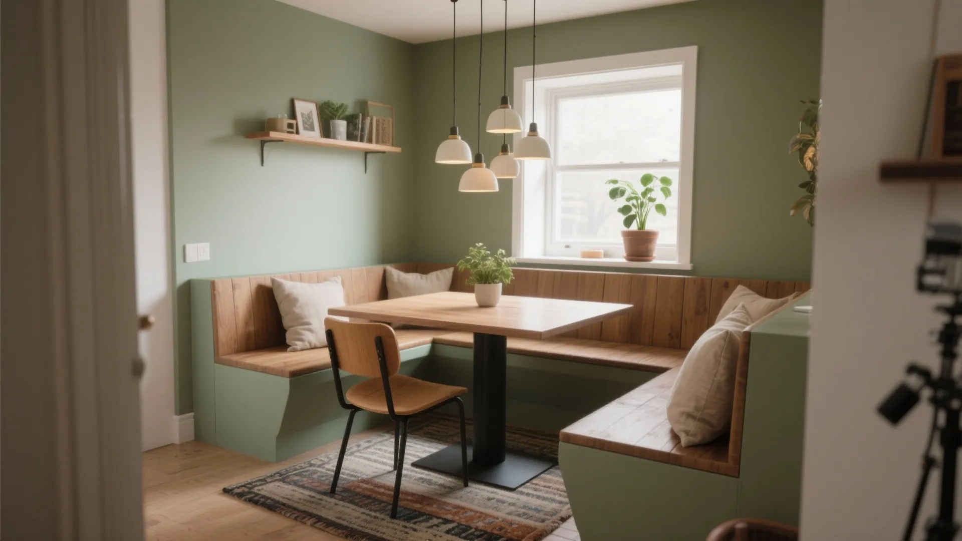 Small dining nook with green walls plus built-in wood bench and table under ceiling lights