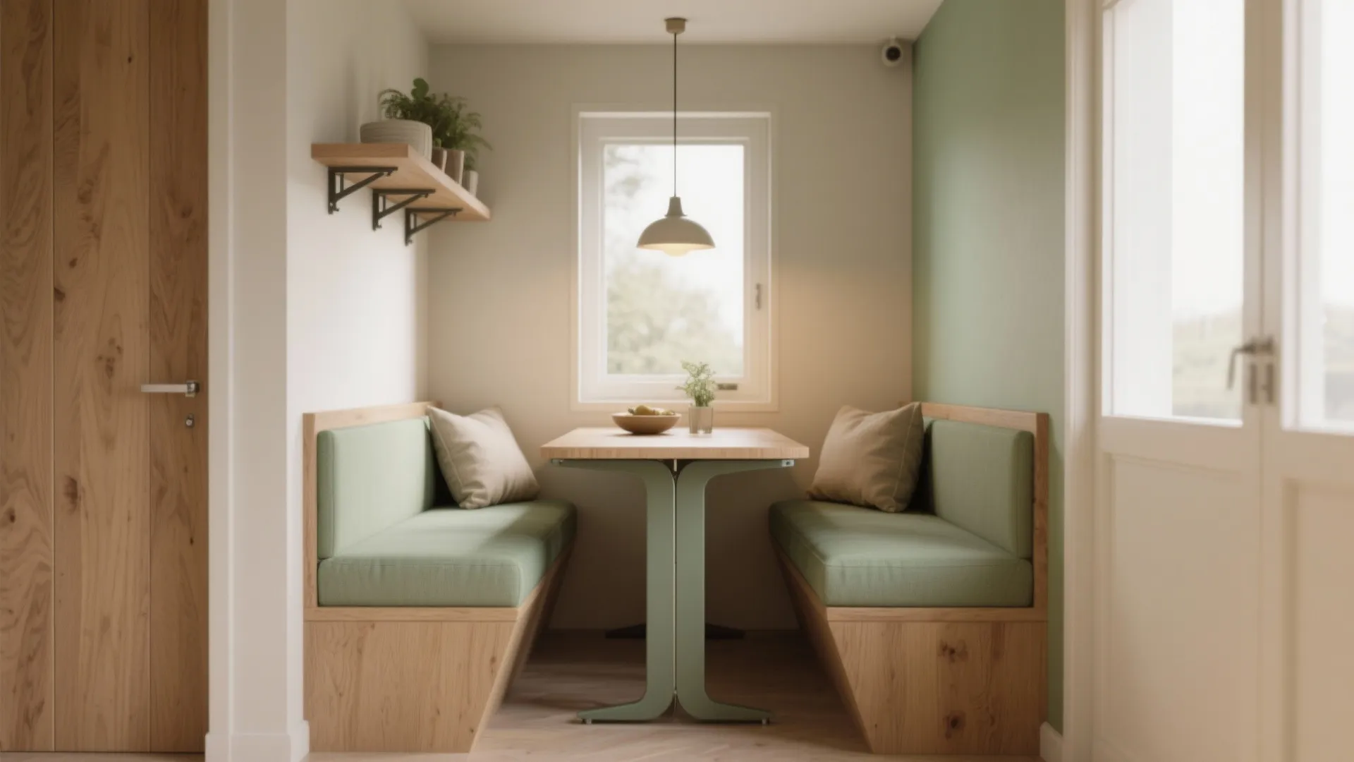Small dining nook with green benches wooden table hanging ceiling light shelf and a bright window