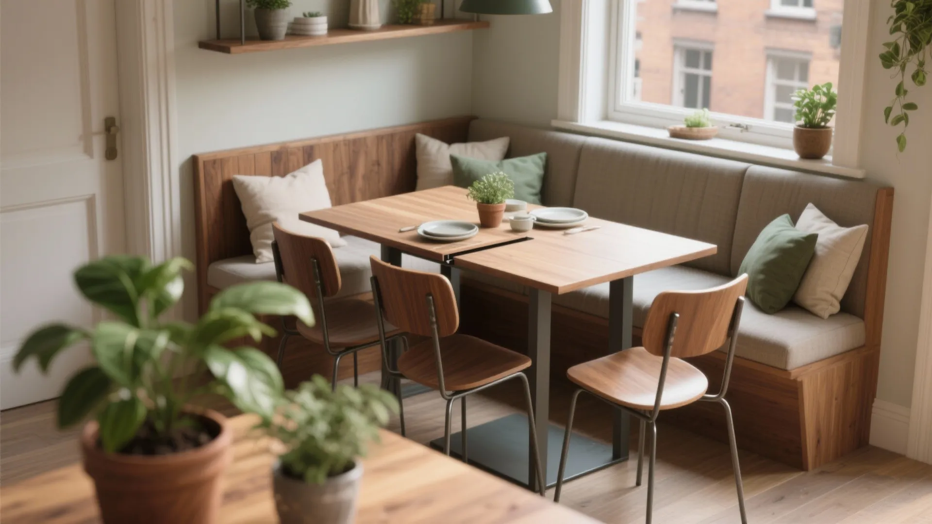 Cozy dining area with wooden table green pillows and chairs near a window with city view
