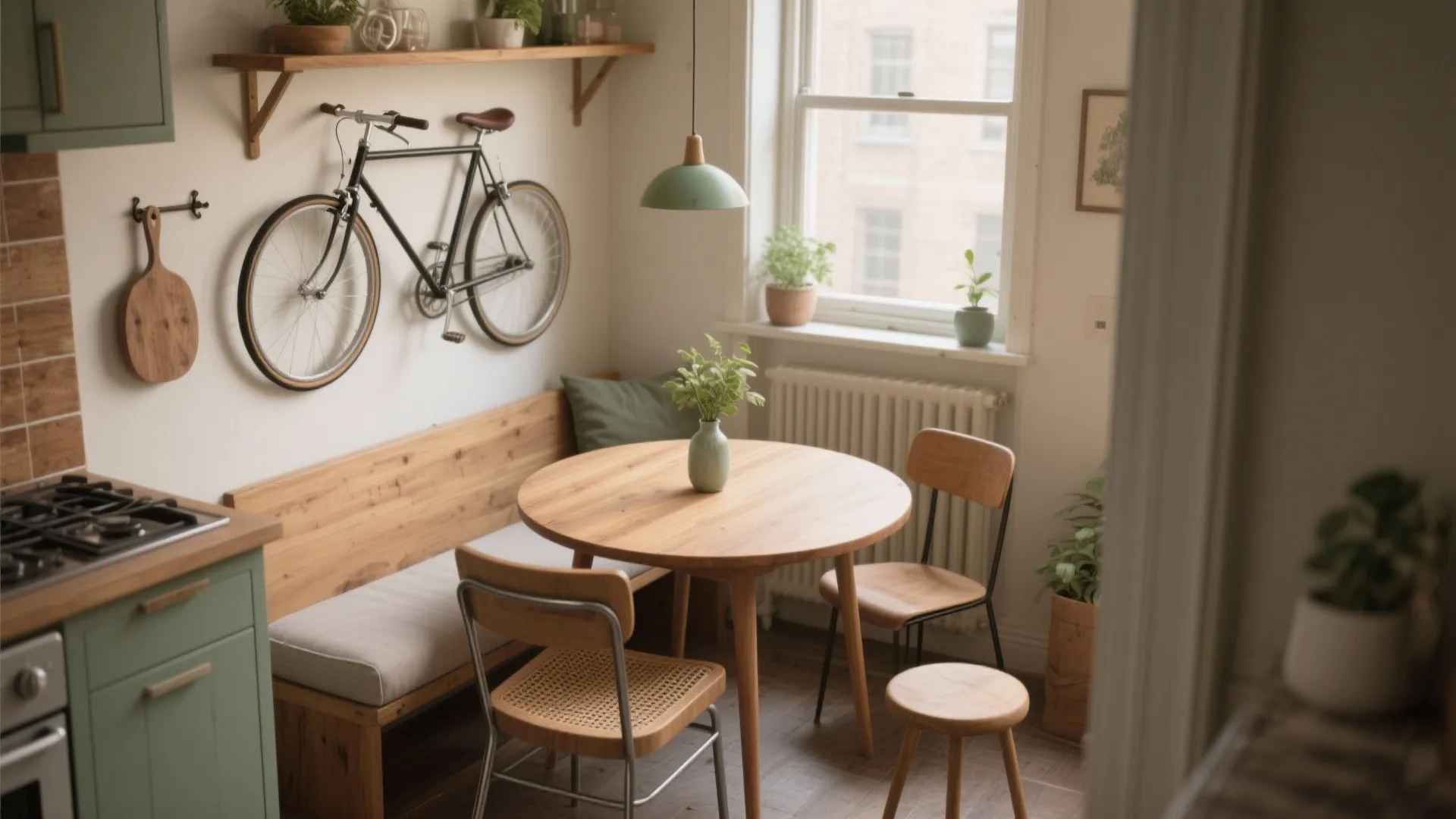 Small dining nook with round wood table bench chairs bicycle on wall and green cabinets