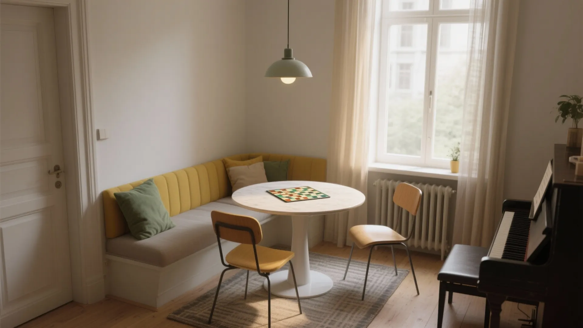 Small dining area with yellow corner sofa white round table two chairs and a piano