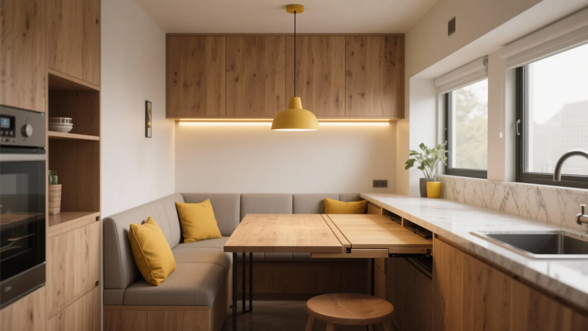 Small kitchen dining nook with wooden table yellow pillows gray sofa and a yellow light