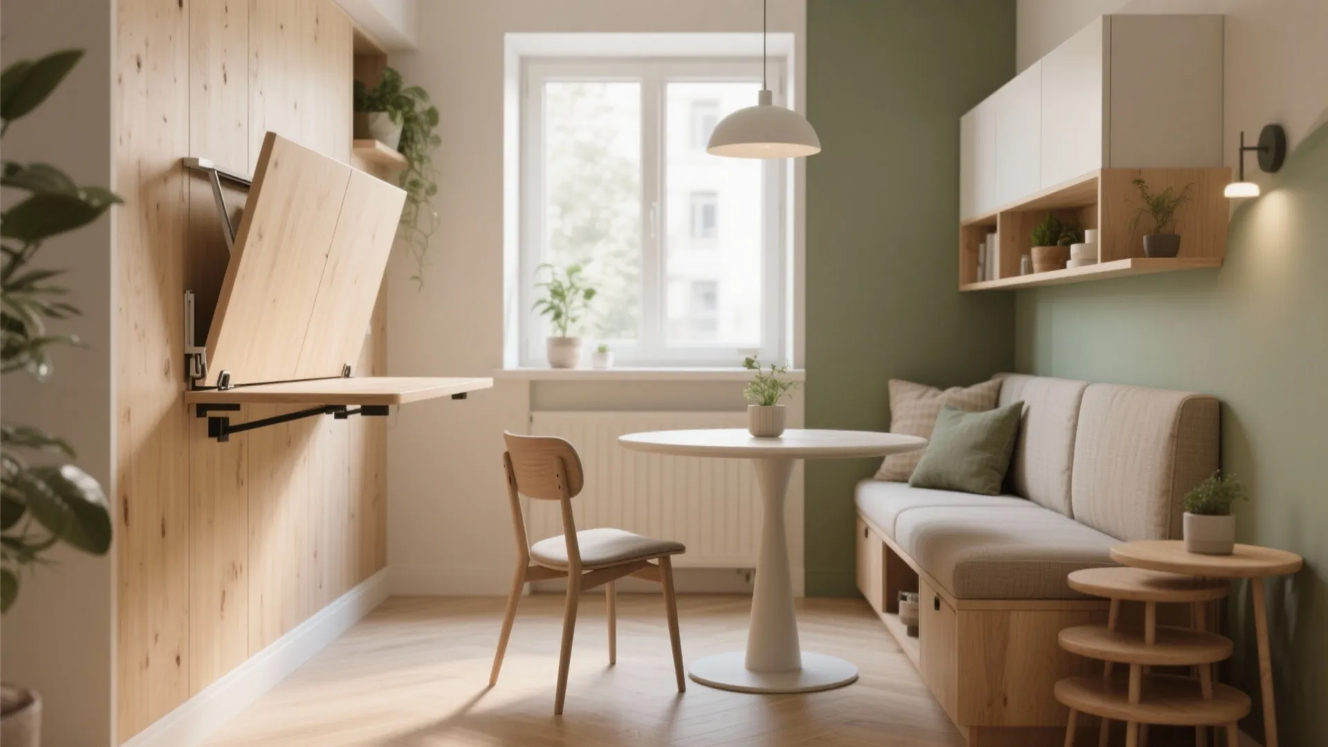 Small dining nook with a wall table folding out next to a sofa and chair