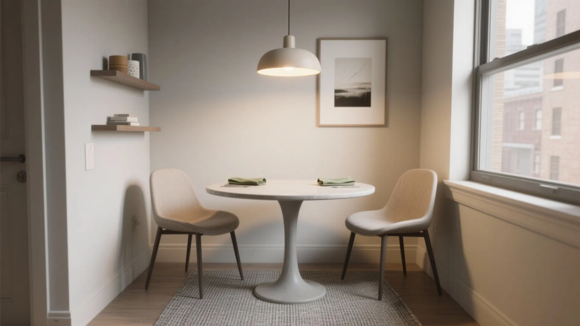 Small dining nook with round marble table two chairs hanging ceiling light and framed wall art