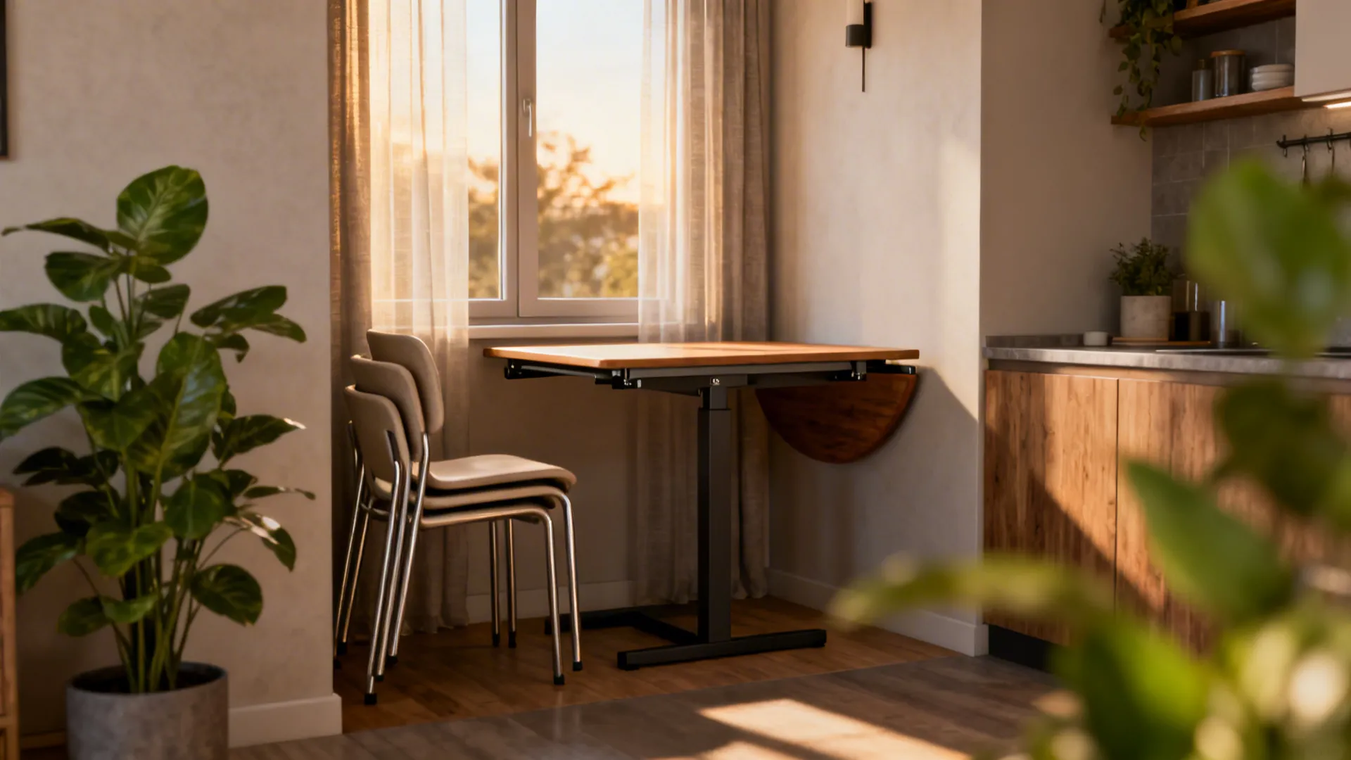 Small wooden folding table near kitchen window with stacked chairs and green plant in sunlight