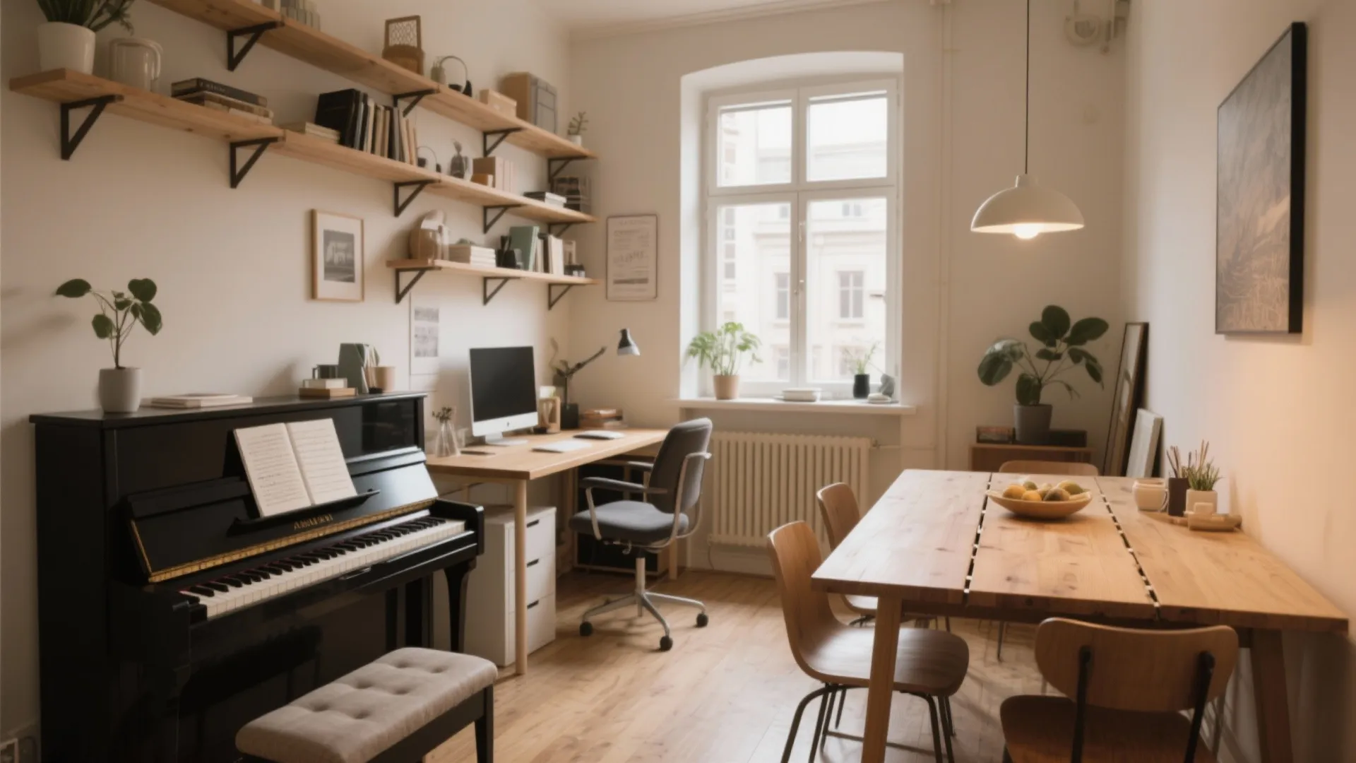 Multi purpose room featuring black piano wooden desk with computer dining table and wall shelves