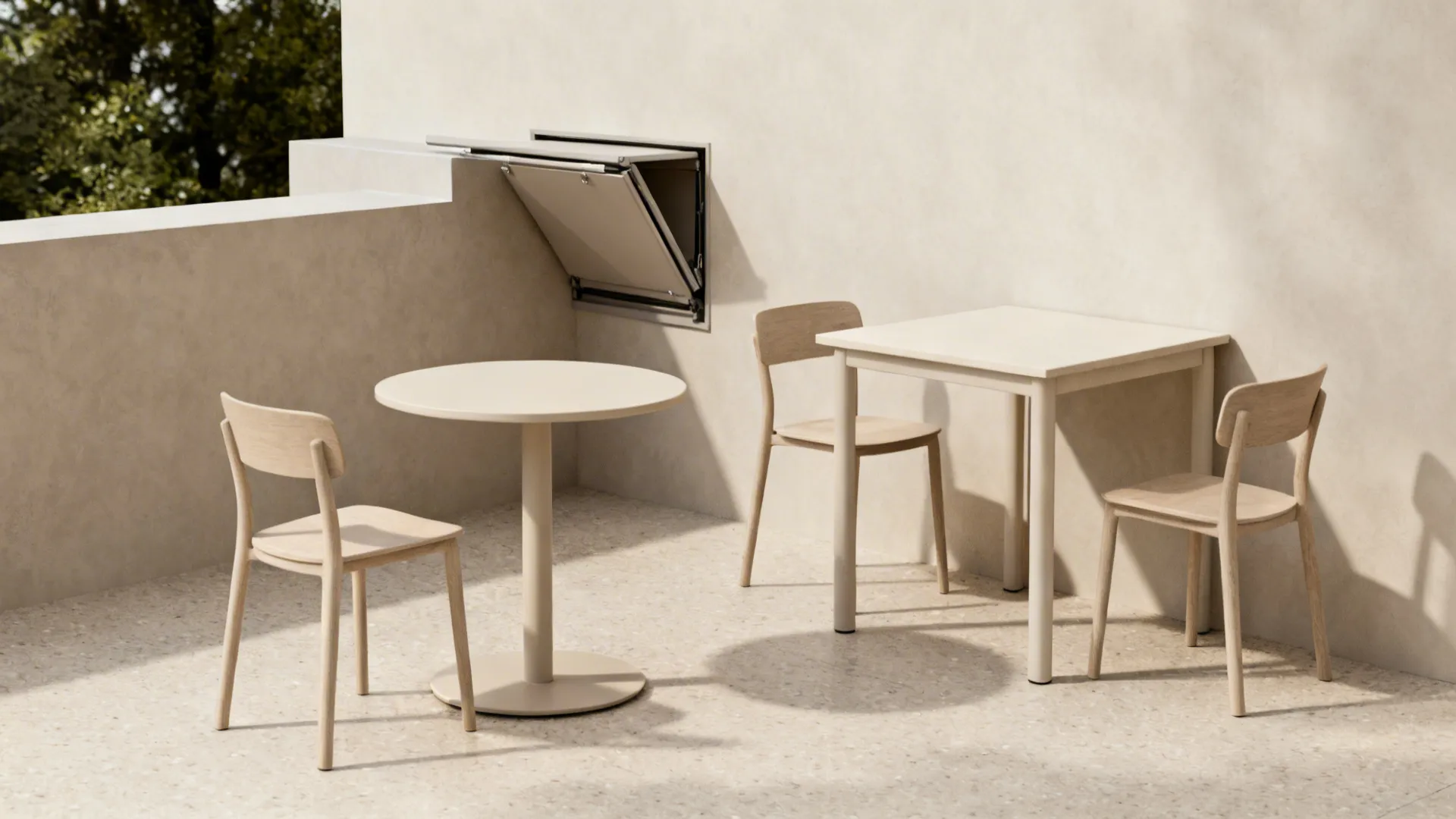 Compact kitchen vignette showing round, square, and wall-ledge dining options.