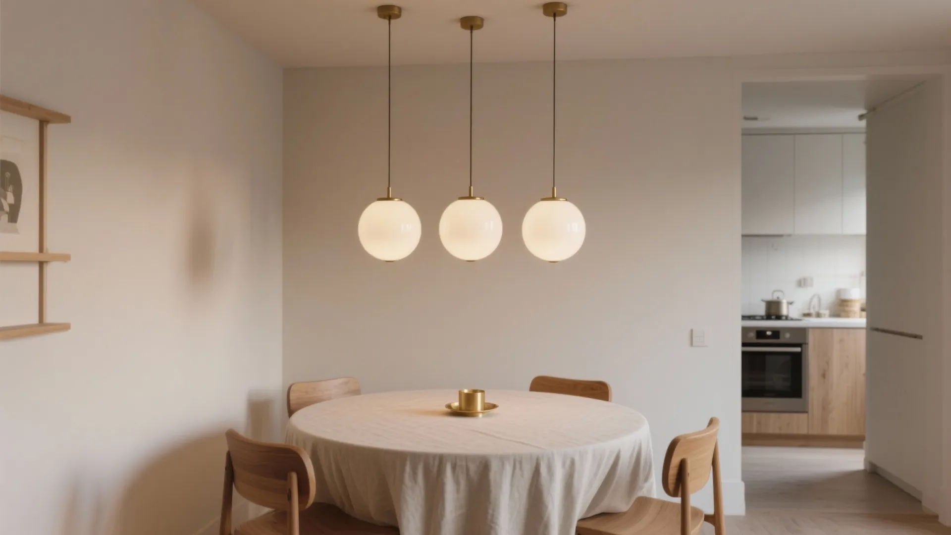 Minimalist dining area with three round ceiling lights hanging above a covered round wooden table