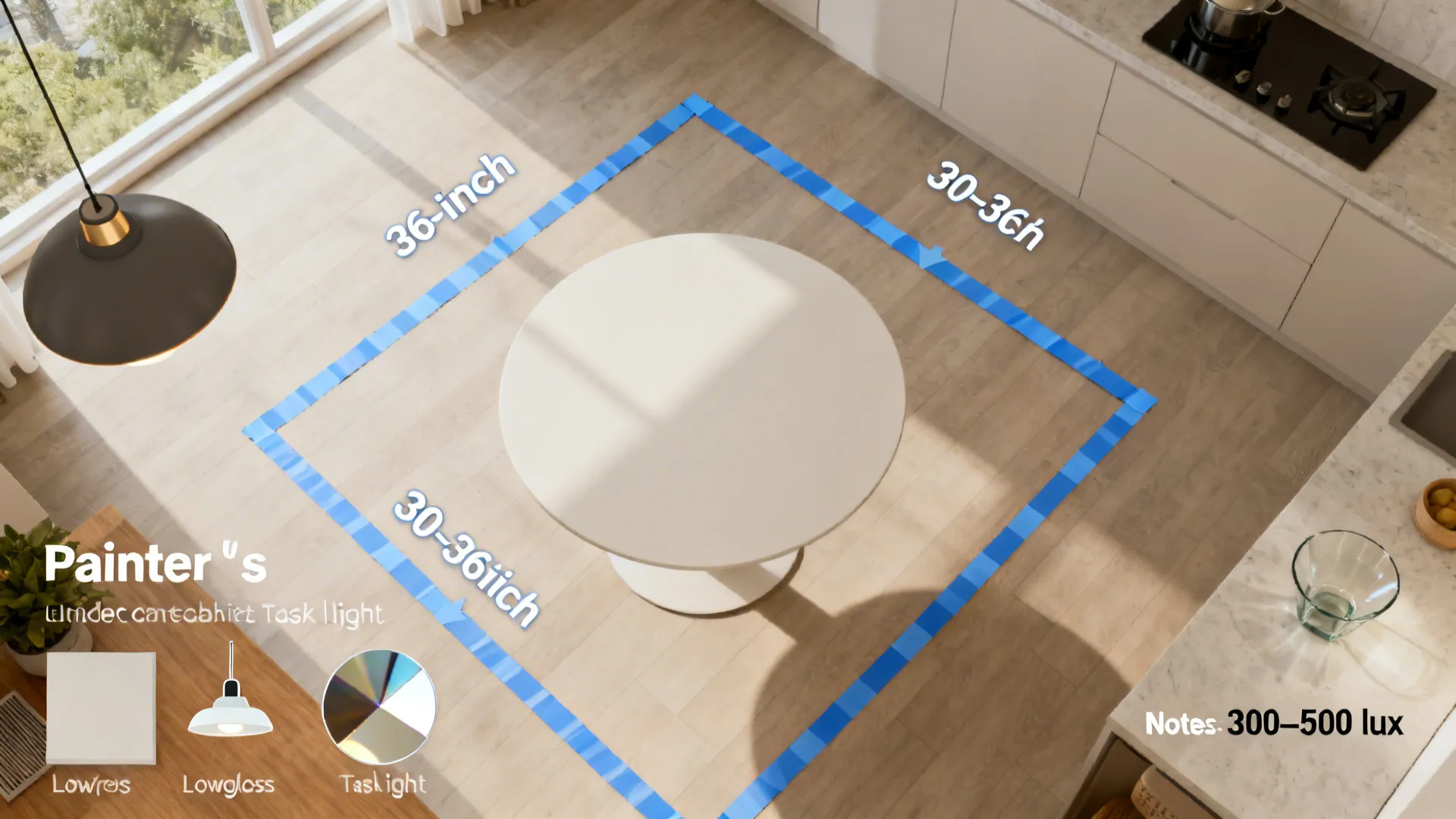 Top-down planning layout with table footprint, 36-inch clearances, and layered lighting cues.