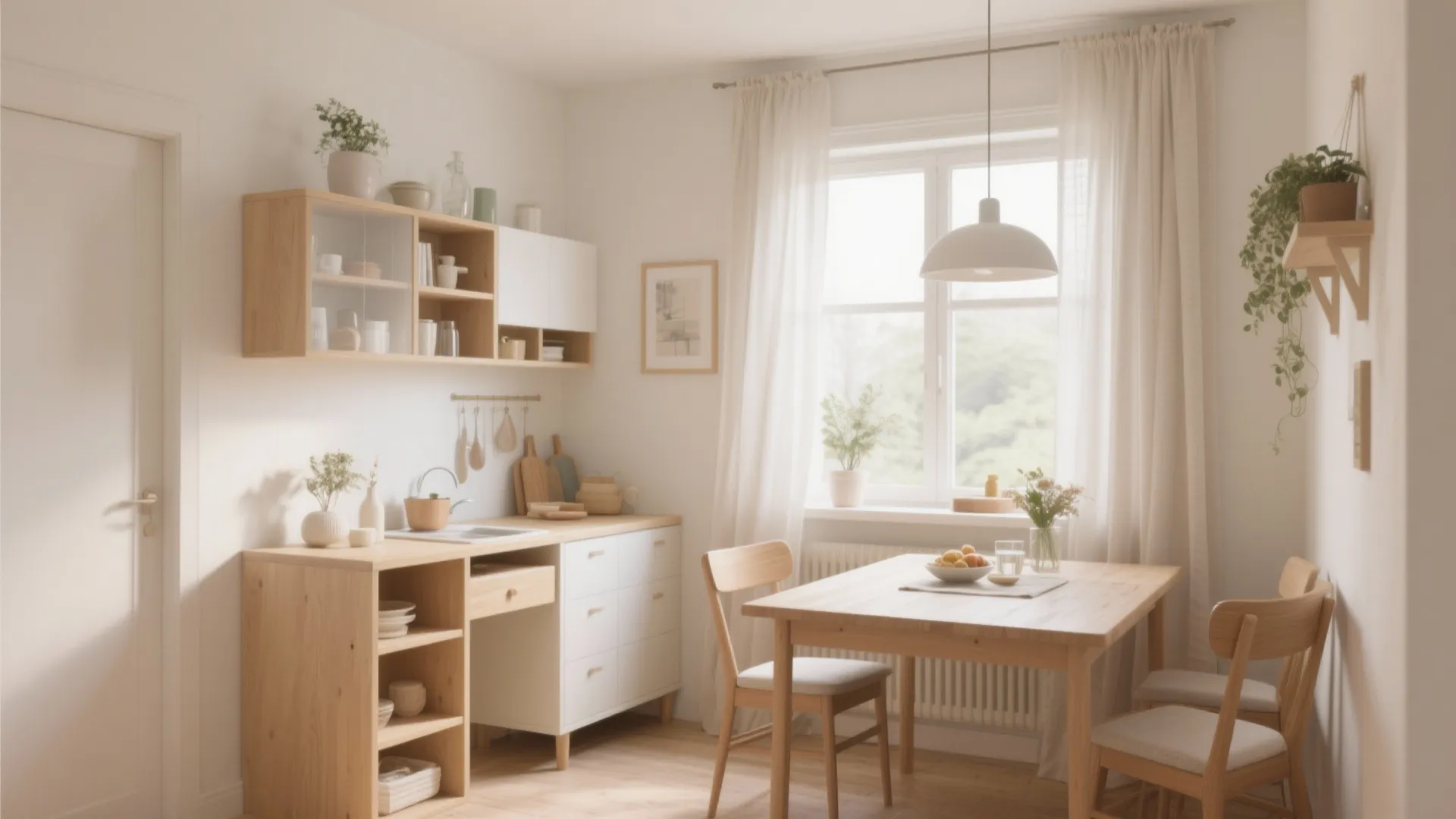 Small dining room with wooden table chairs white curtain wall cabinet and natural light from window