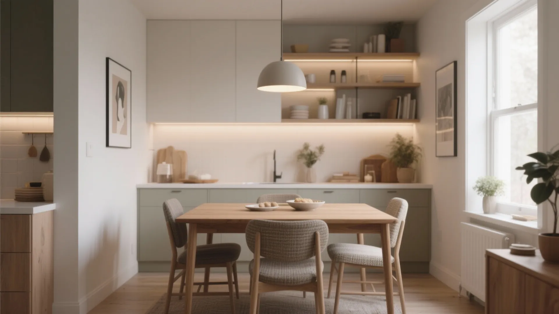 Small kitchen and dining space with wooden table, grey chairs, green cabinets, and soft lighting