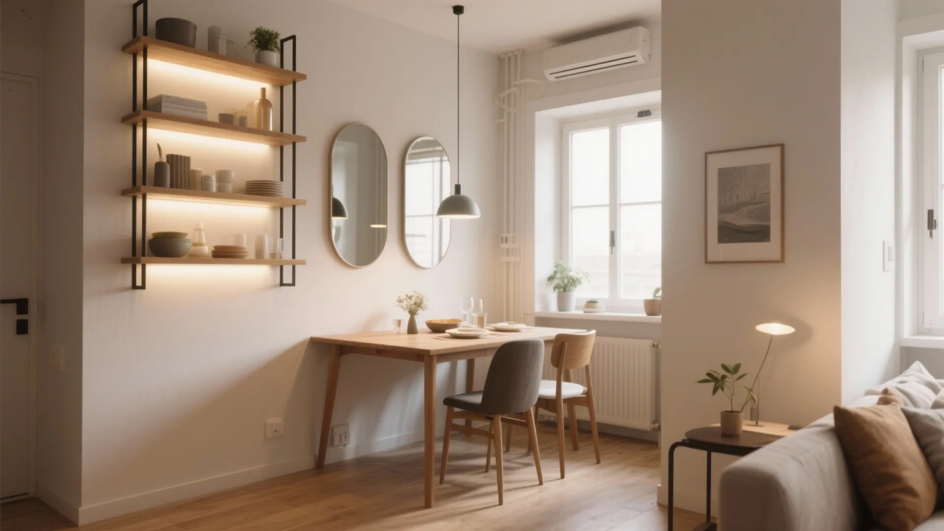 Bright dining space with wooden table wall shelves two oval mirrors and white window view