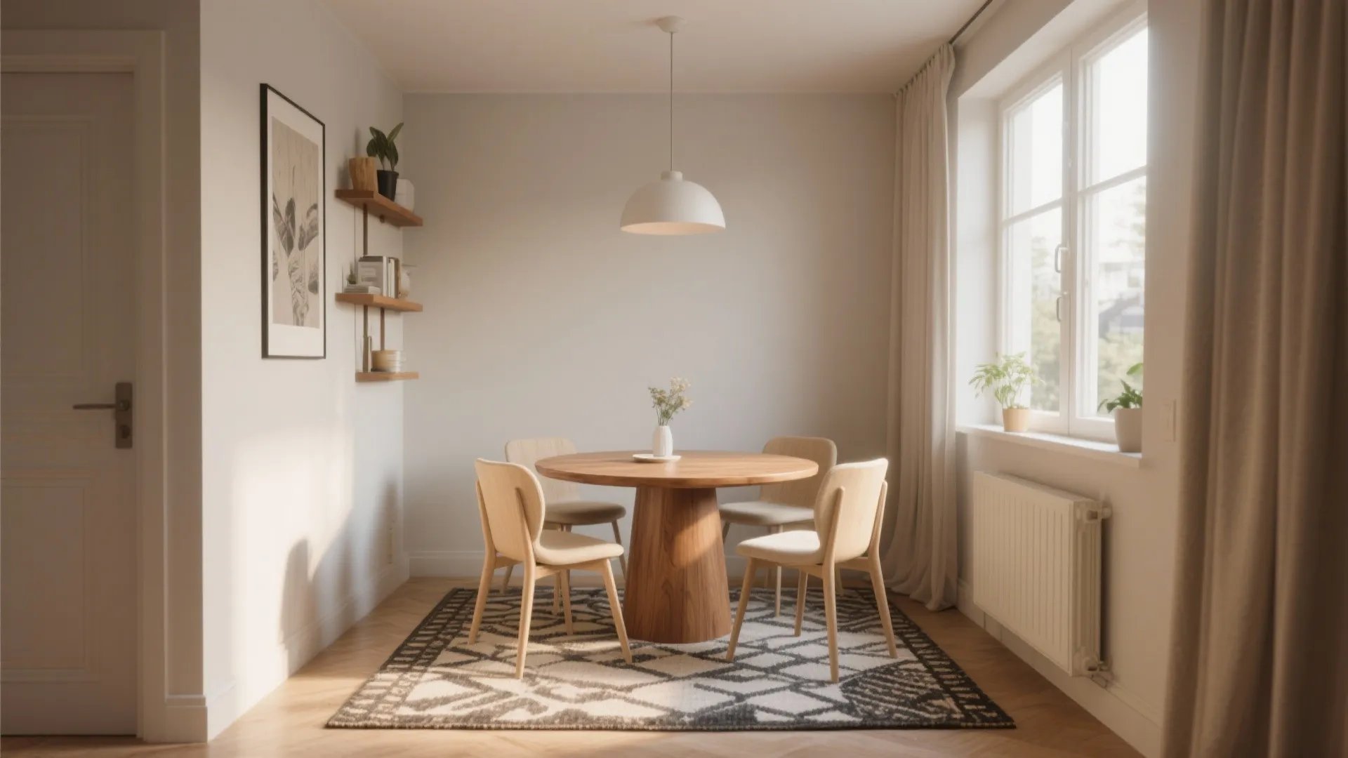 Round wooden dining table with four chairs on patterned rug under white ceiling light by window