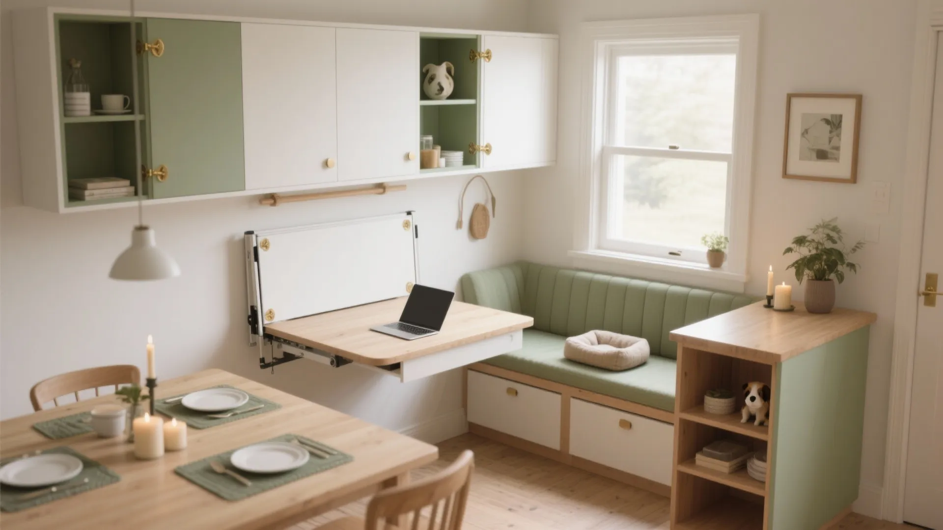 Small dining room featuring folding wall table green bench seat white cabinets and bright large window