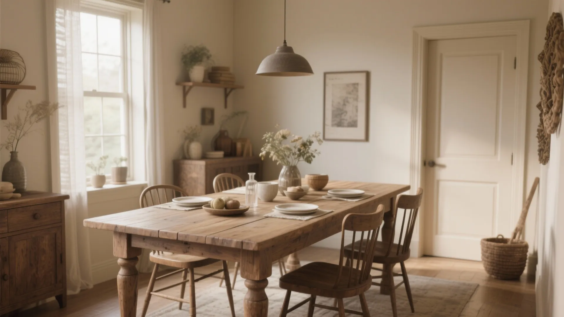 Bright dining room with a long wooden table set with plates near a sunny window