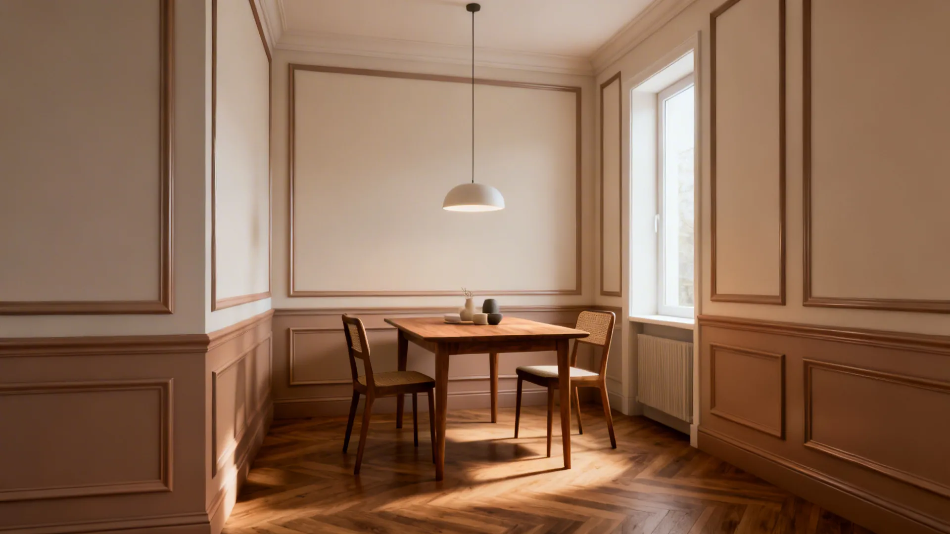 Dining room with wooden table, chairs, white ceiling light, herringbone floor, and decorative wall panel