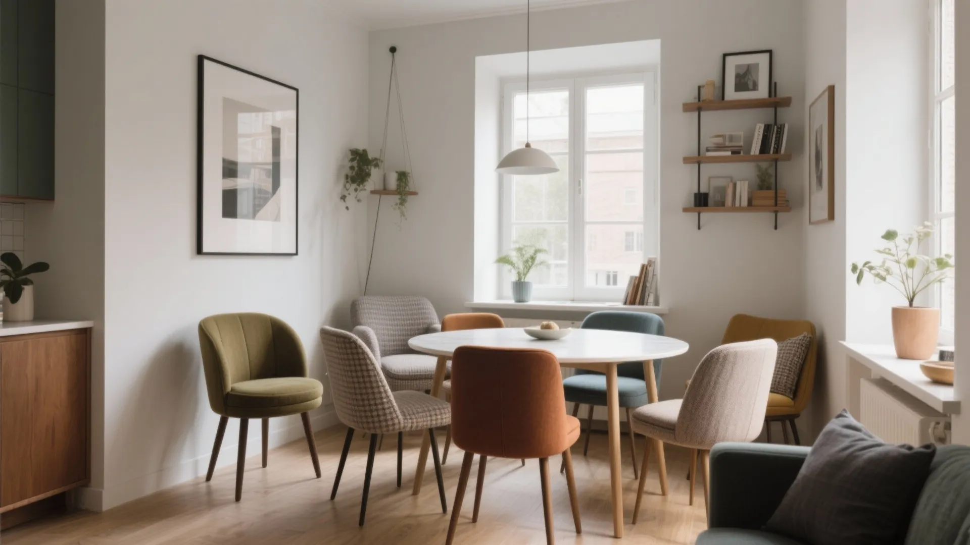 Modern dining room with white round table colorful chairs wall shelves artwork and natural light window