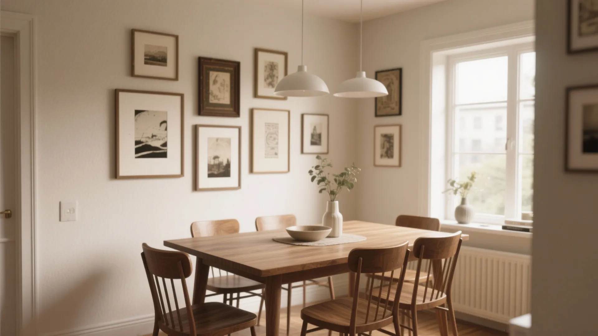 Dining area with wooden table chairs white ceiling lights and many small framed wall pictures