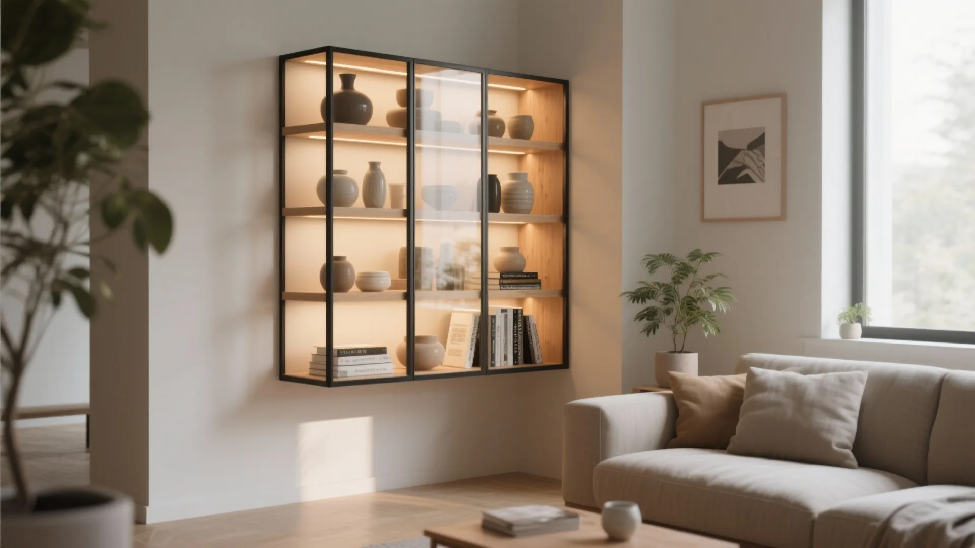 Bright living room featuring wall mounted glass cabinet, beige sofa, green plants, and natural sunlight