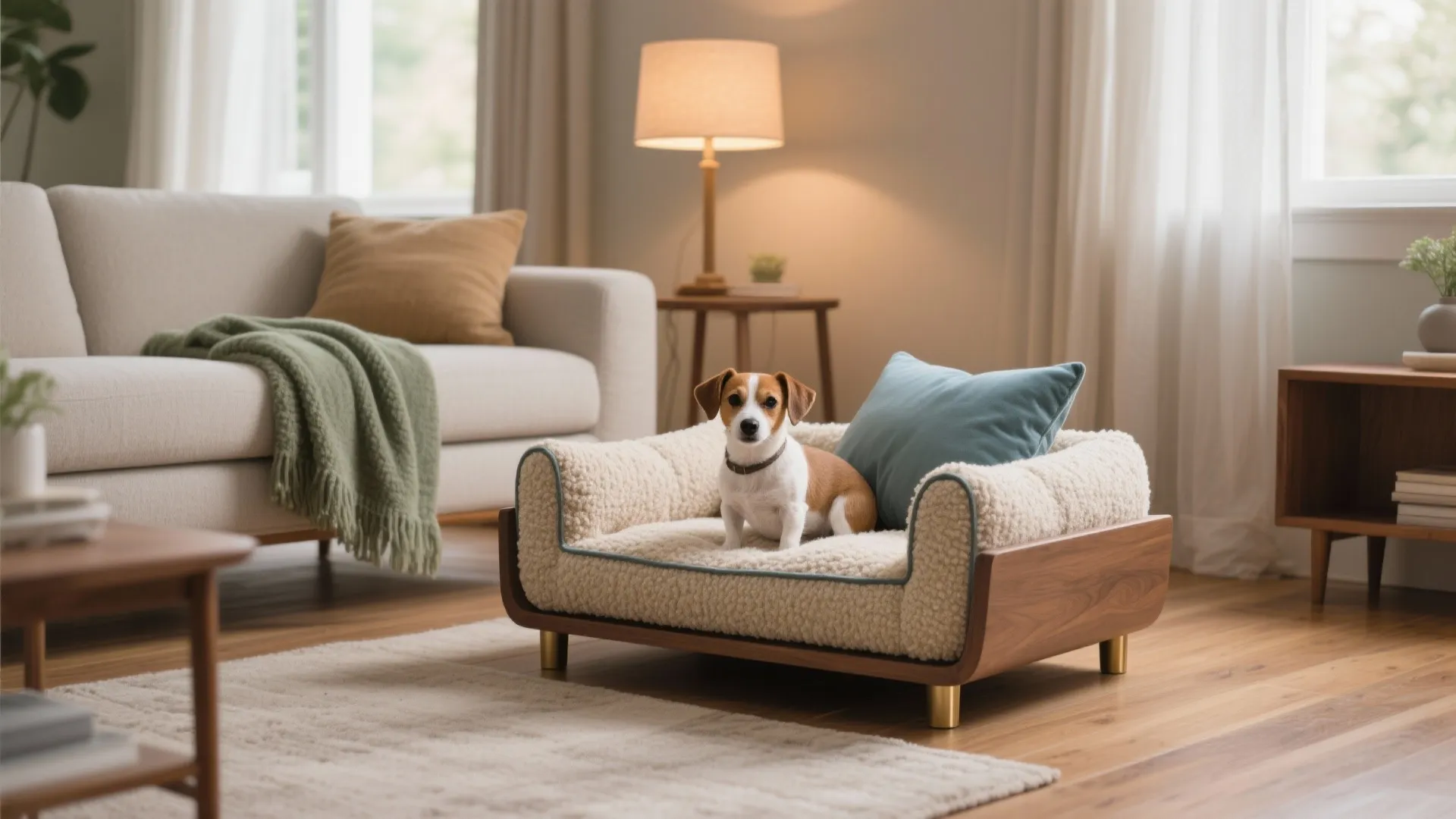 Small dog sitting on a modern pet sofa with wooden frame in a bright living room