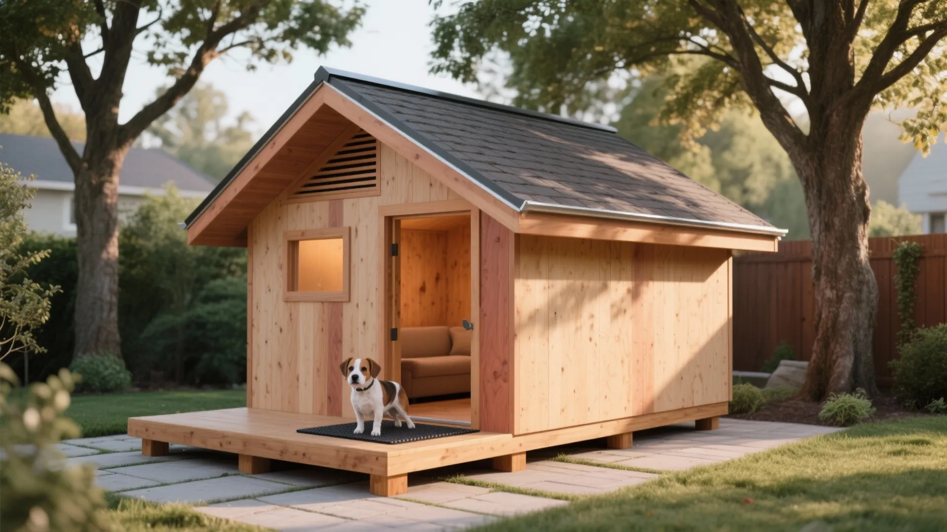 Small wooden dog house with porch and beagle standing in a sunny green backyard garden
