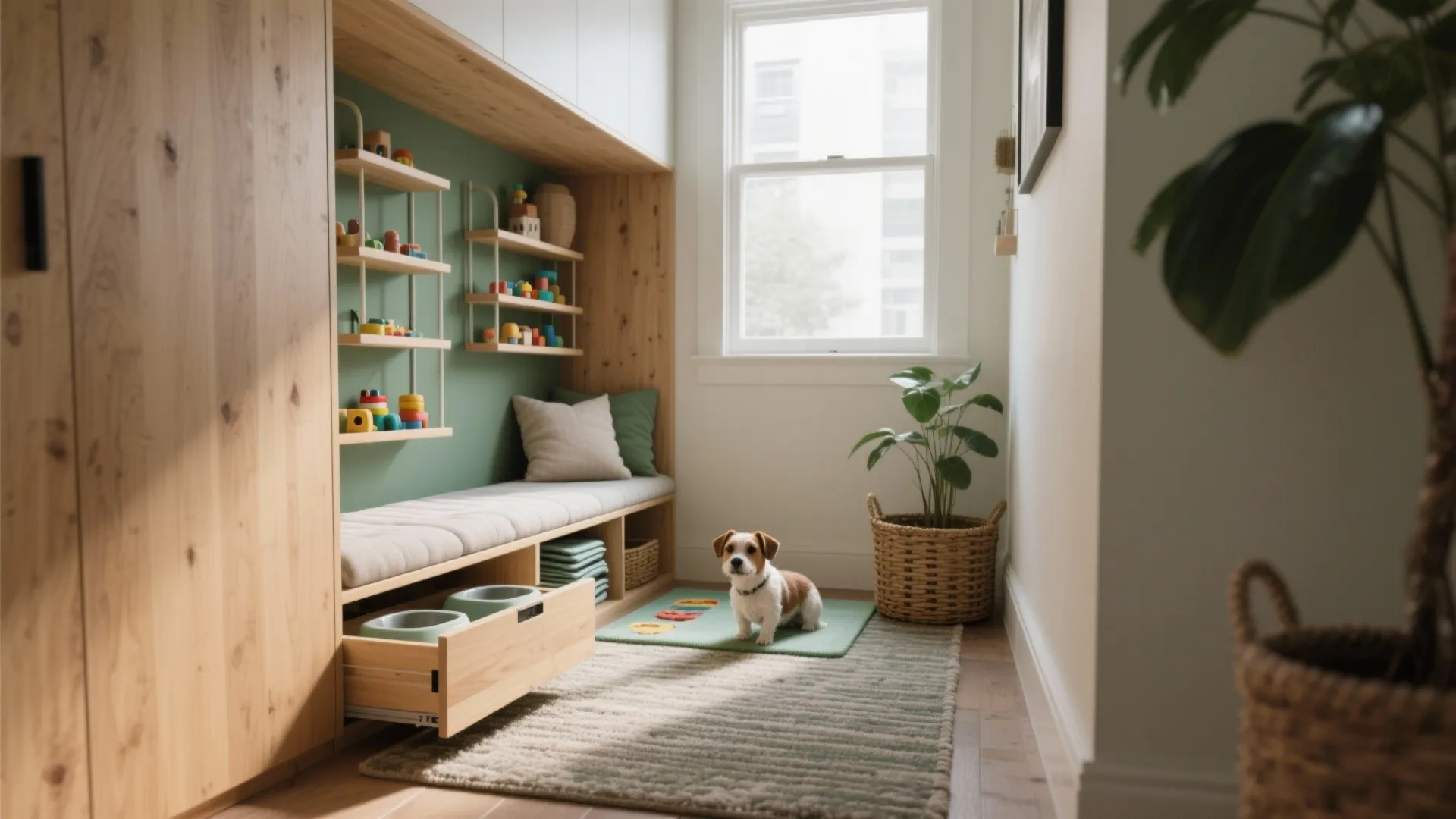 Modern mudroom with wooden cabinets integrated dog bed storage drawer and small dog sitting on rug