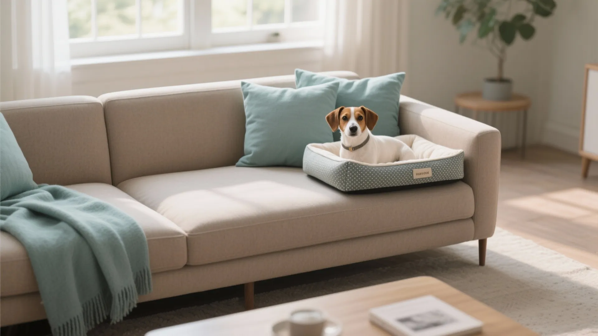 Small dog sitting in pet bed on beige sofa with blue pillows and green throw
