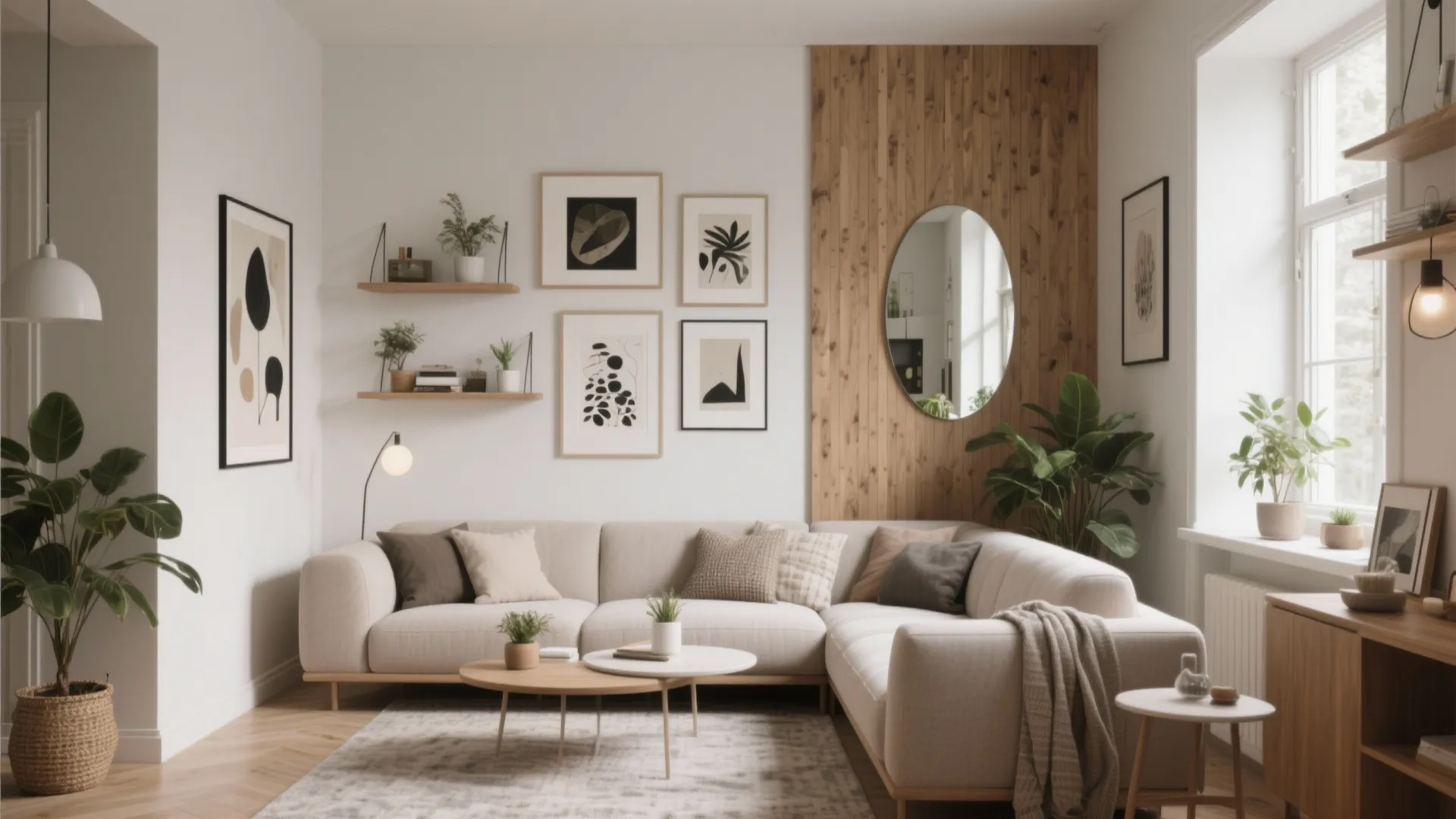 Bright living room with corner sofa and wall art and round mirror on wood wall panel