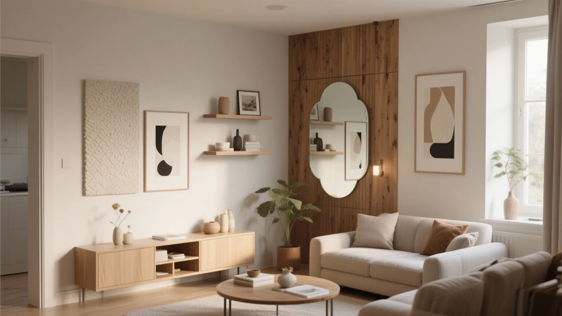 Living room with beige sofa, wooden cabinet, art prints, round mirror on wood wall panel, plant
