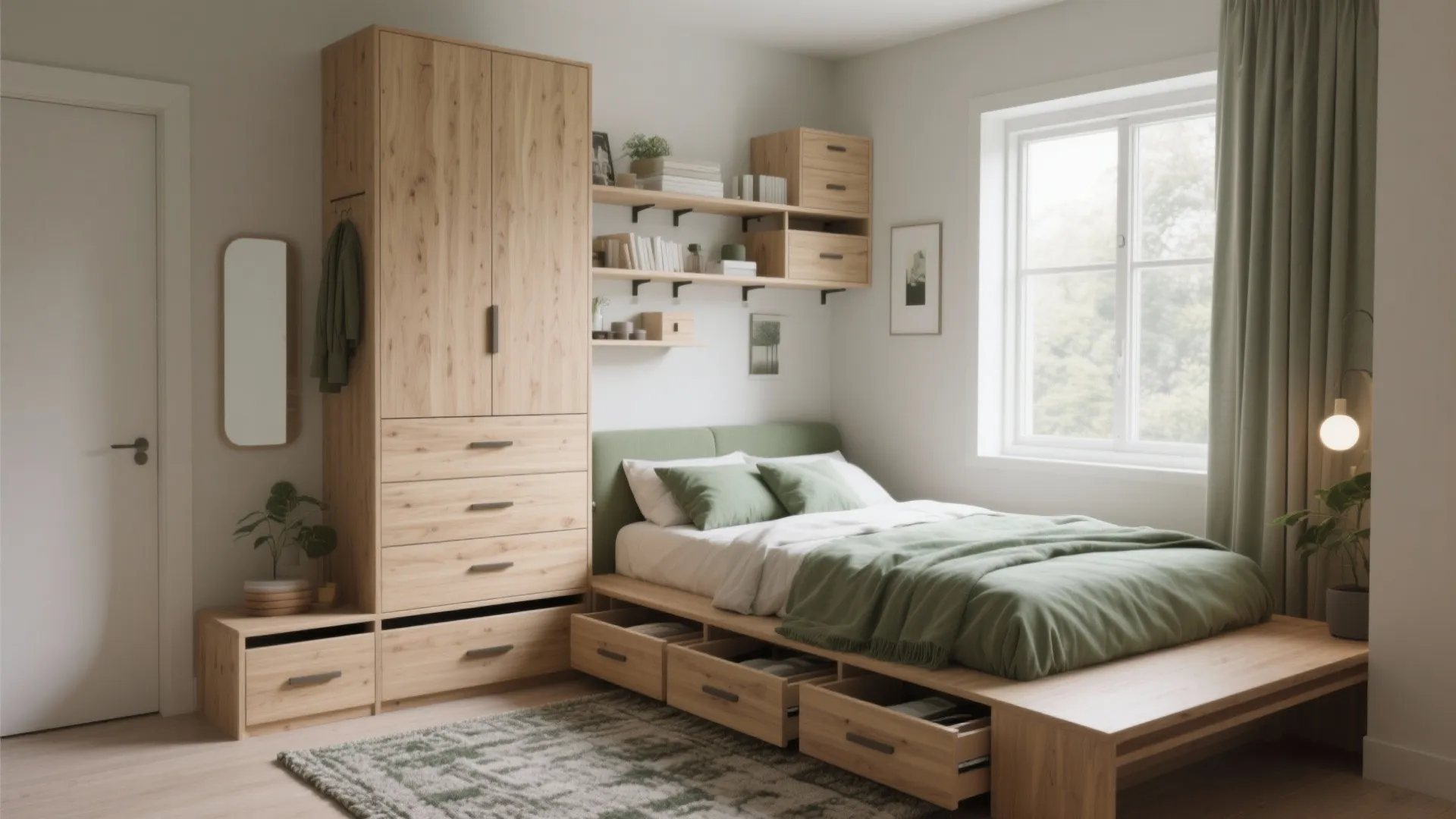 Modern wood bedroom with bed storage drawers plus tall wooden cabinet and matching wall shelves design