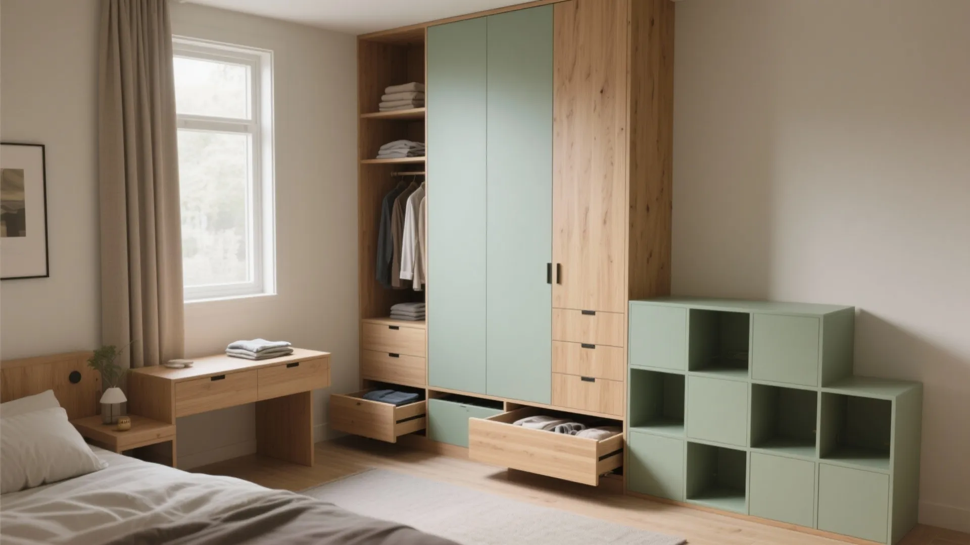 Modern bedroom with light wood wardrobe mint green doors matching cube shelf and wooden desk