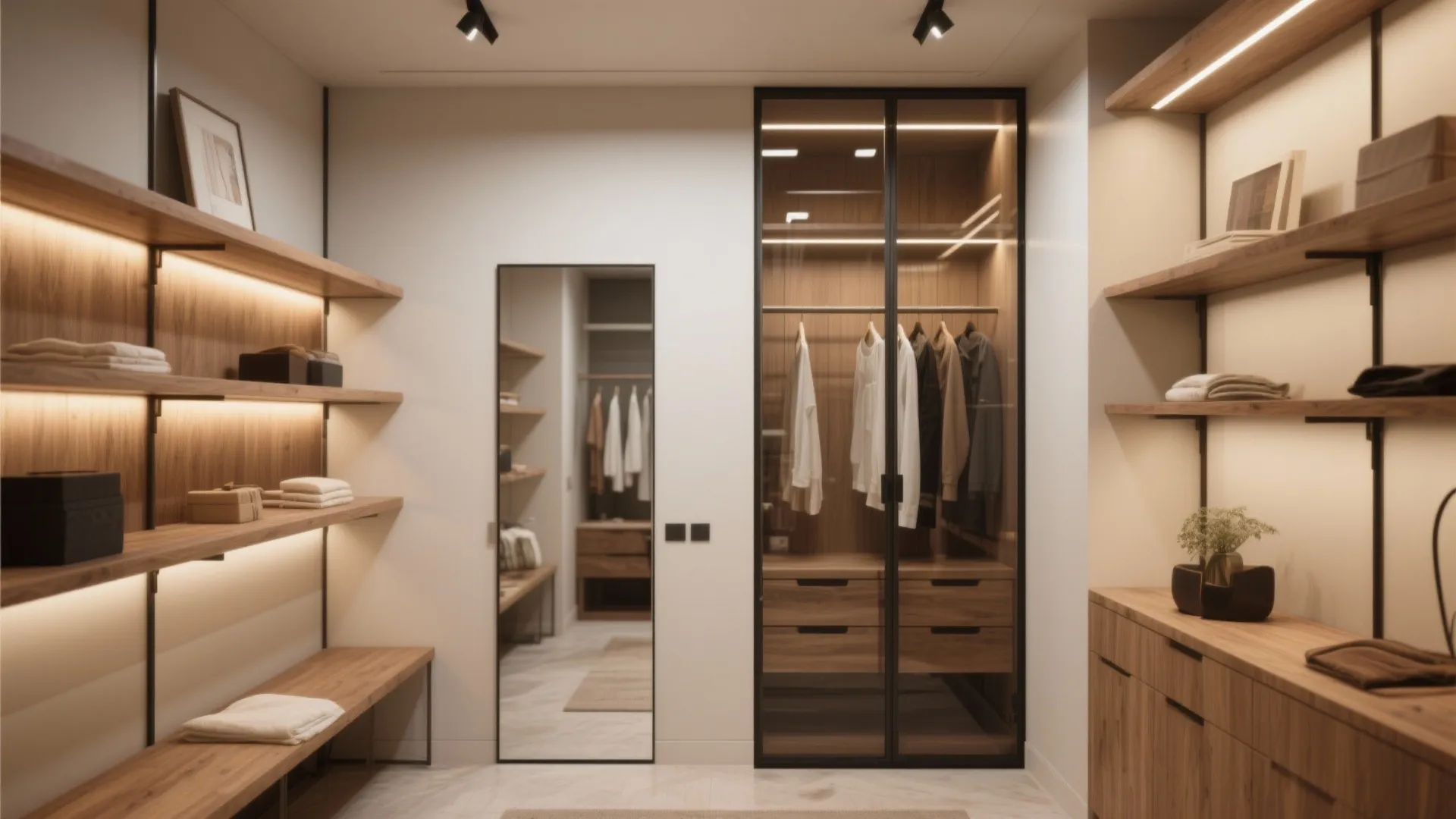 Luxury dressing room with wooden shelves glass door cabinet full length mirror and warm lighting