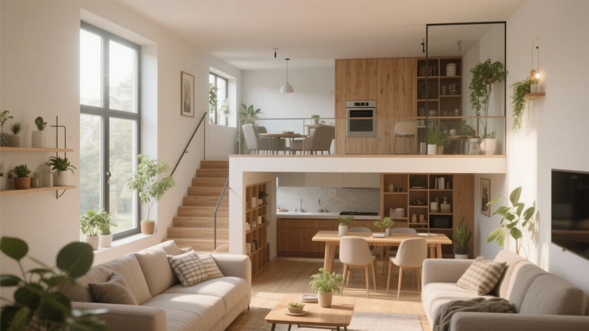 Modern apartment interior with light grey sofas wooden stairs dining area and kitchen on lower level
