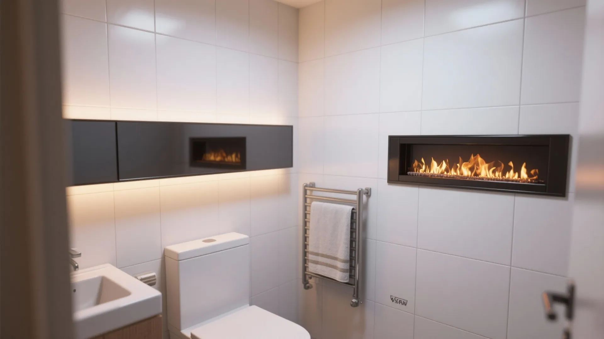 Small white tiled bathroom with a wall mounted electric fireplace, white toilet, and towel rack