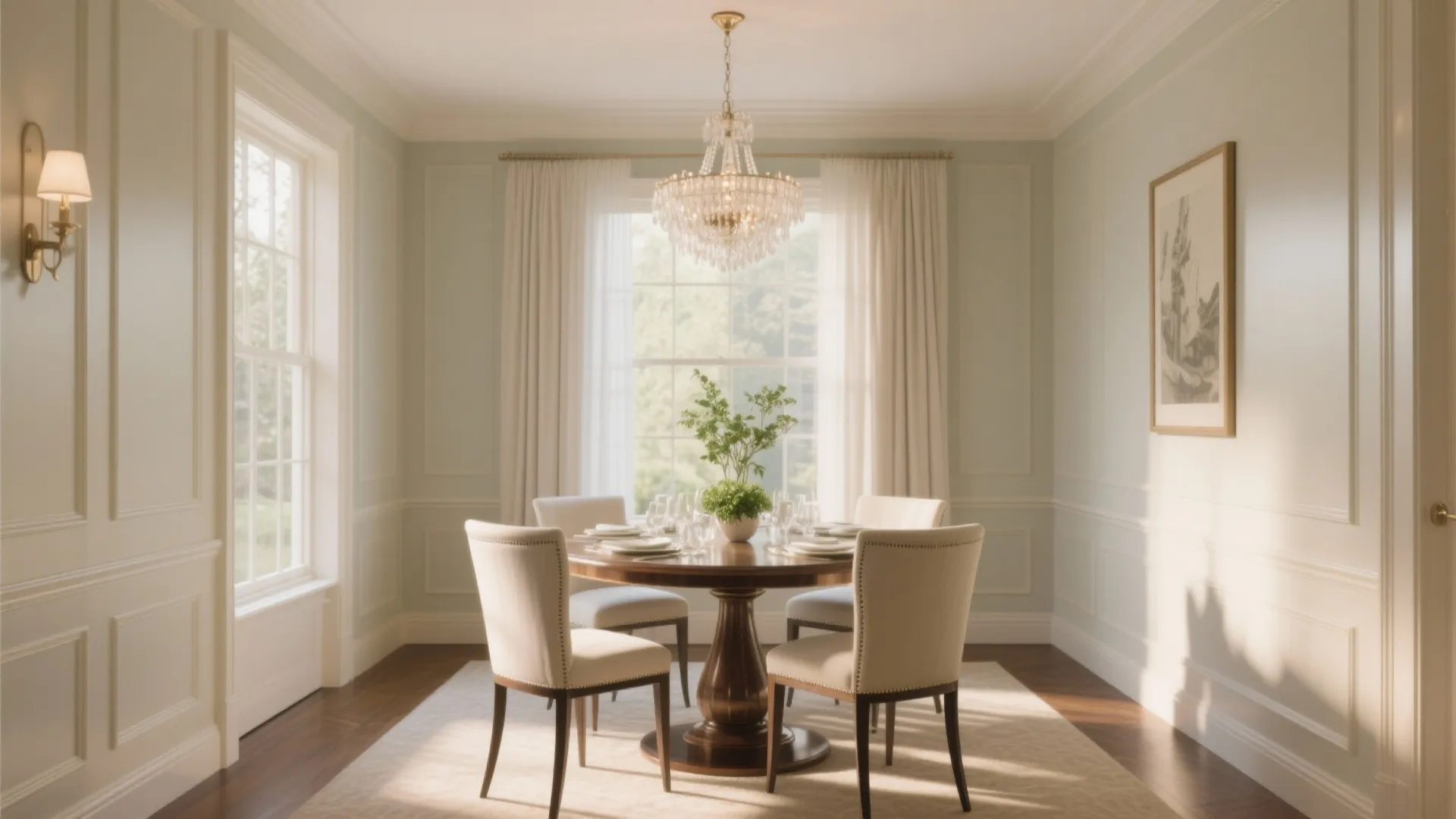Elegant dining room with a wooden table crystal ceiling light wall paneling and white curtains