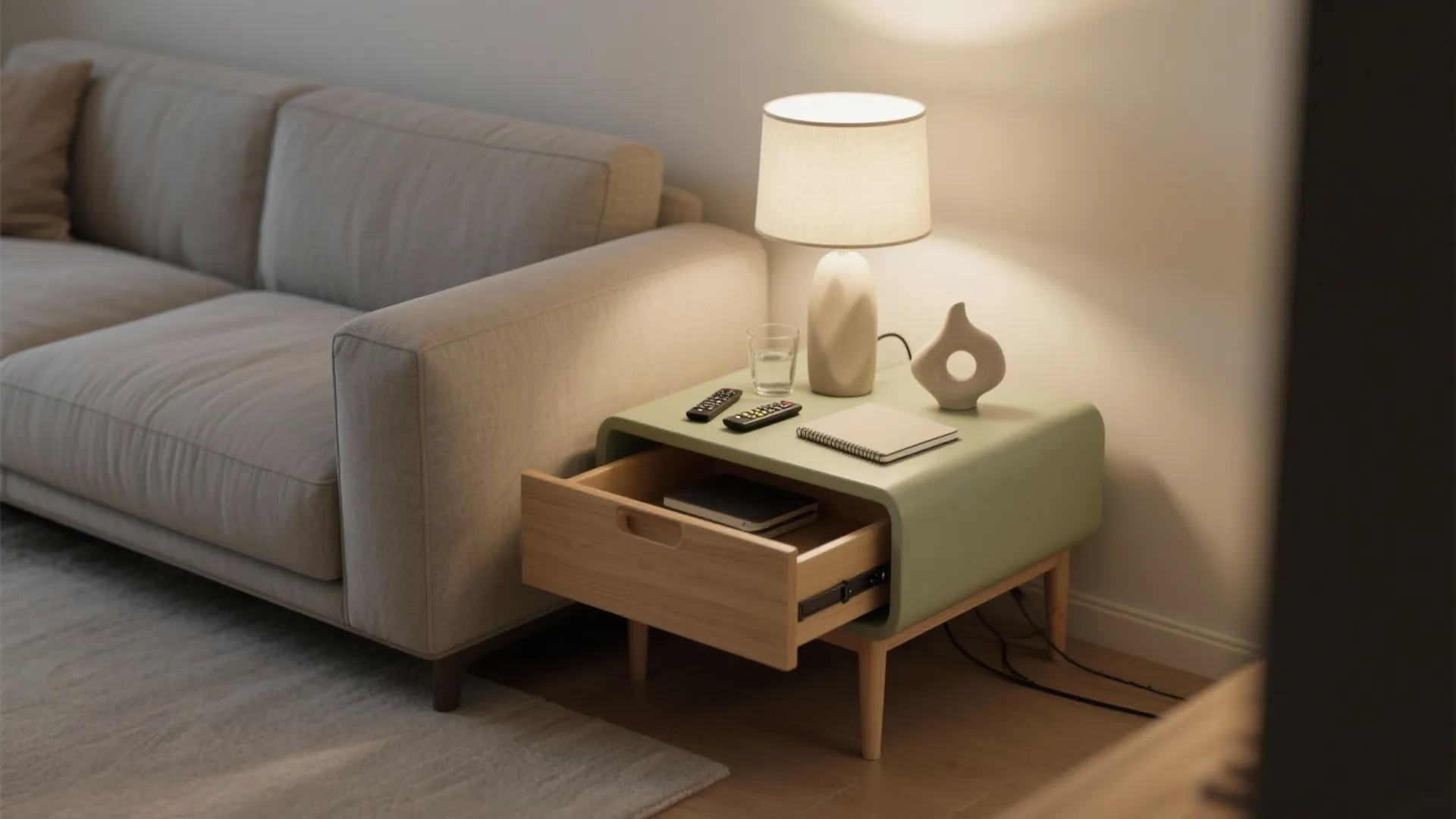 Green small side table with open drawer next to beige sofa with lamp and notebook