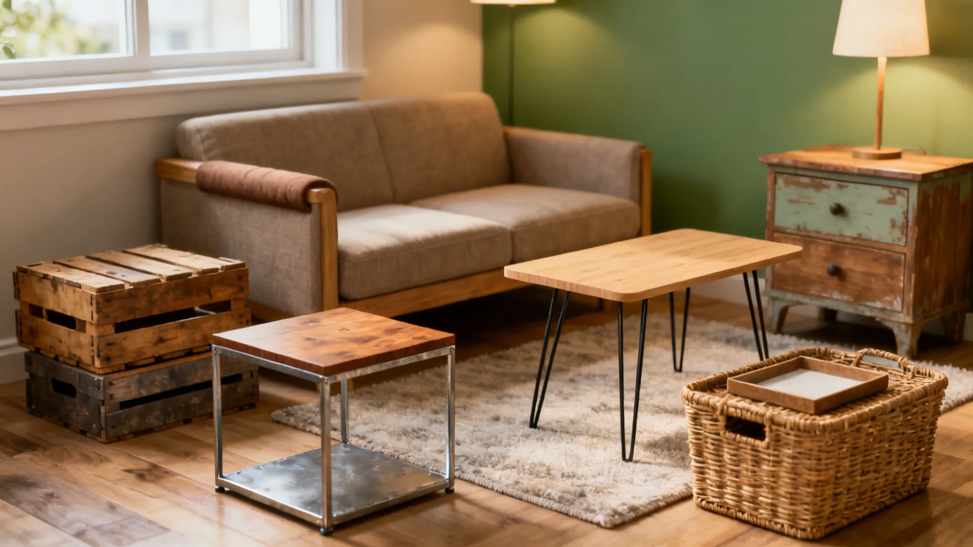 Living room with brown sofa wood coffee table green wall small cabinet and cozy rug
