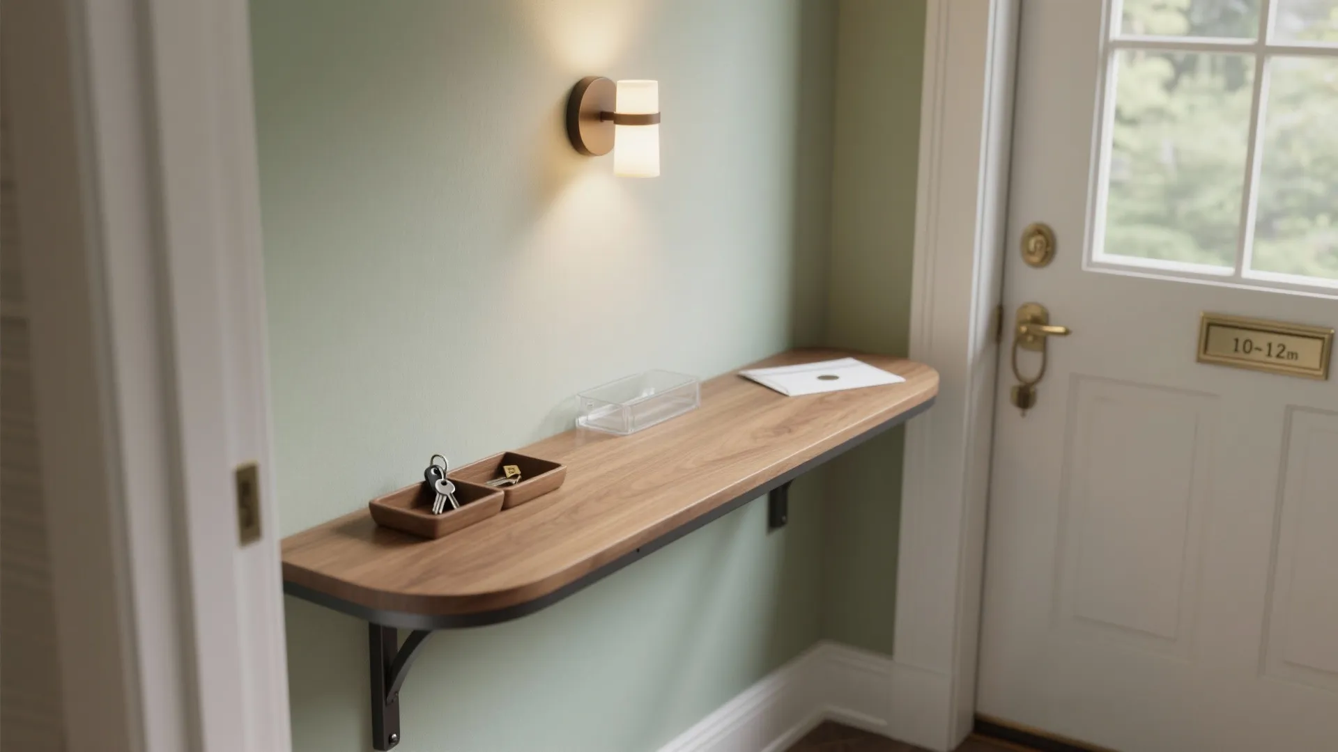 Small wooden entryway shelf mounted on green wall with wall light keys and mail inside